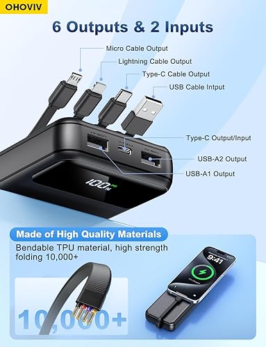 Miniatura 2 de Cargador portátil de batería de 50000 mAh, cargador de batería de carga rápida de 22.5 W con cables integrados, cargador de teléfono portátil USB-C