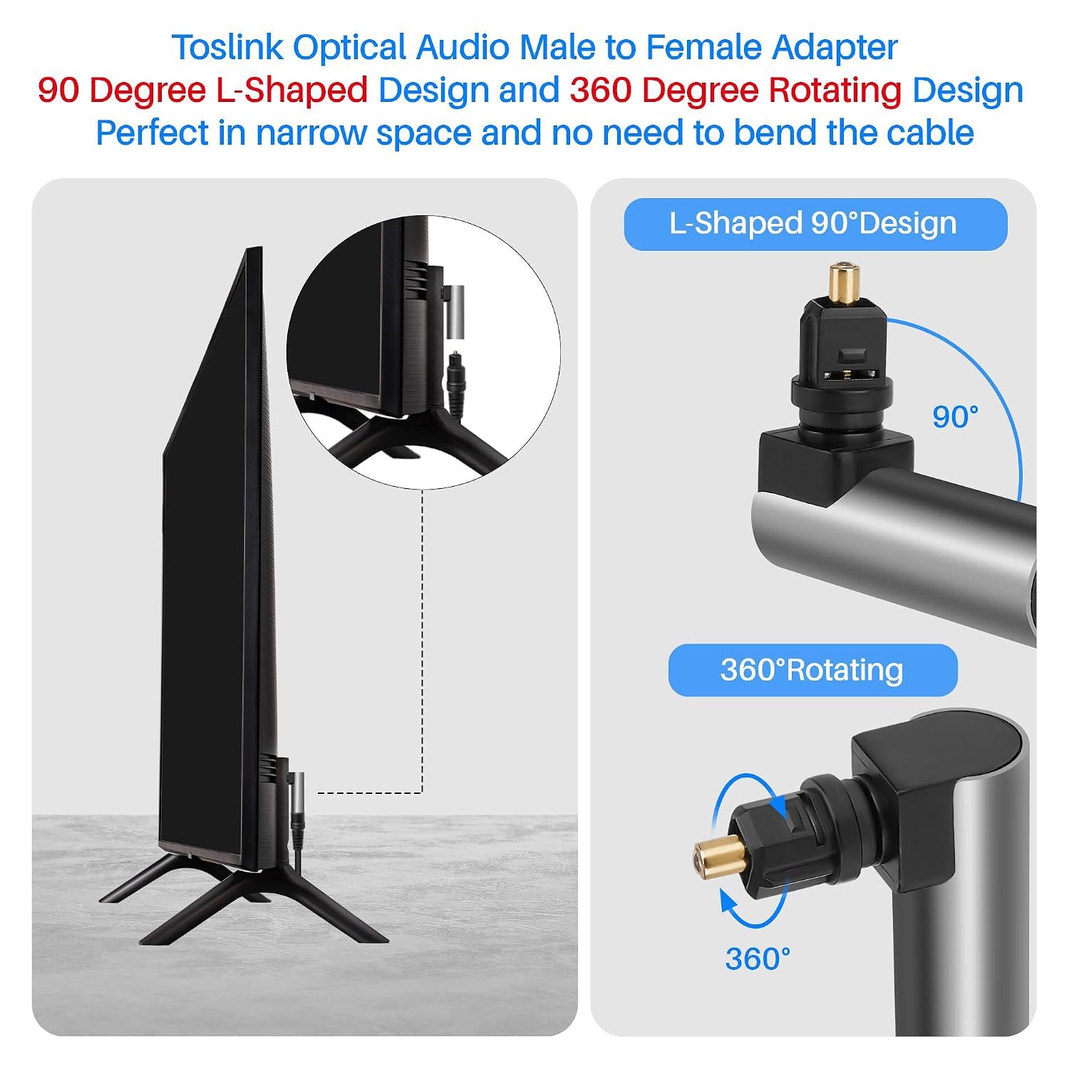 90 Degree Optical Fiber Digital Extension Adapter 2 Pack, Right Angle Toslink Optic Audio Male to Female S/PDIF Connector Converter L-Shape Extender Compatible for Sound Bar, Home Theater