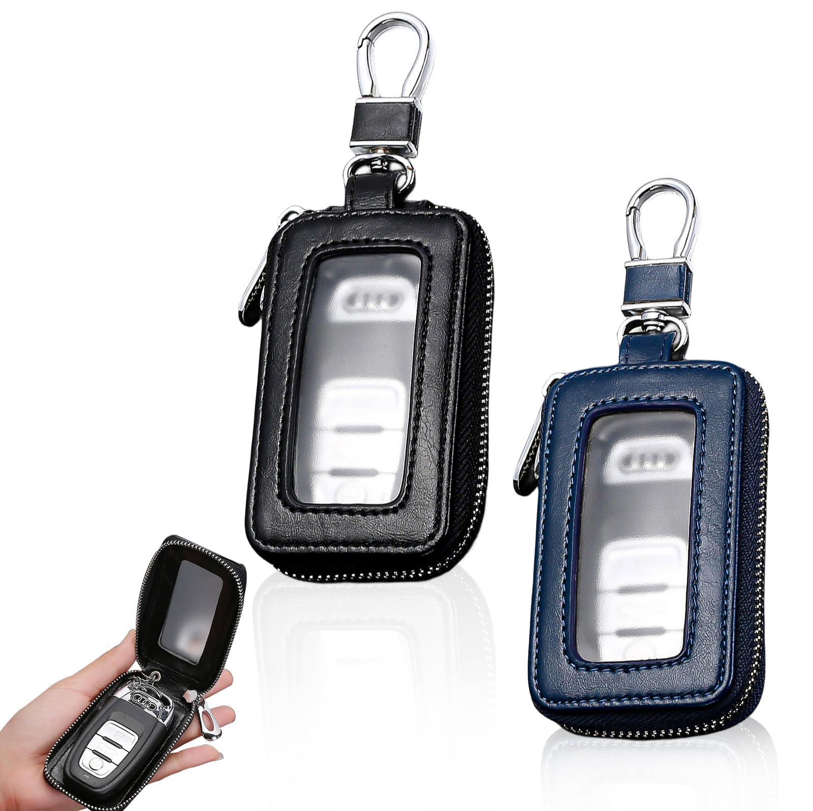 HOMURY 2 llaveros de coche: estuche llavero vintage de piel con cremallera y mosquetón, protección llavero, bolsa llavero universal (negro, azul real)
