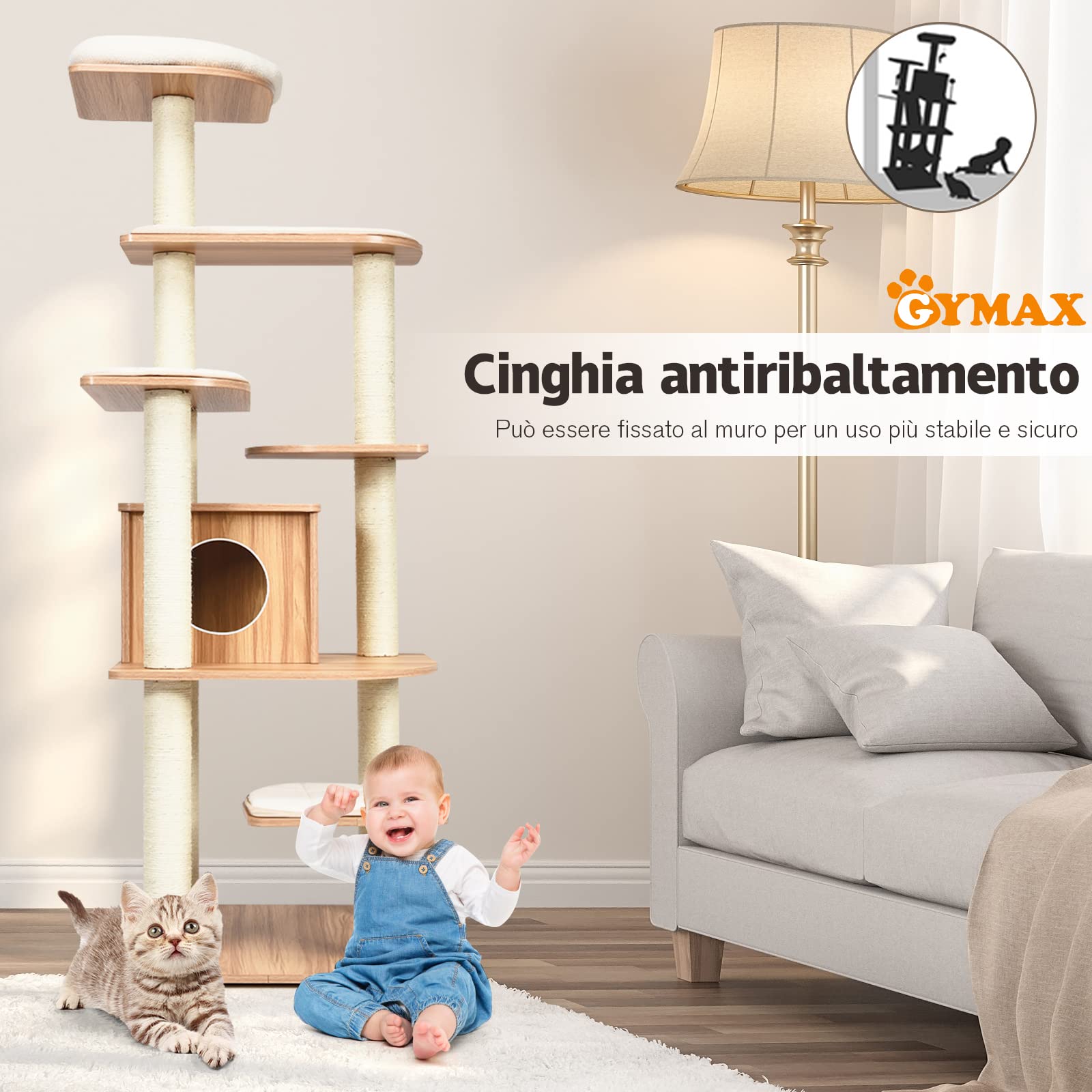 GYMAX Tiragraffi per Gatti, 86,5 x 86,5 x 176 cm, Carico 15 kg, Tronchi in Sisal, Cuscino Rimovibile Lavabile, Ideale per Gatti Grandi Adulti (Beige)