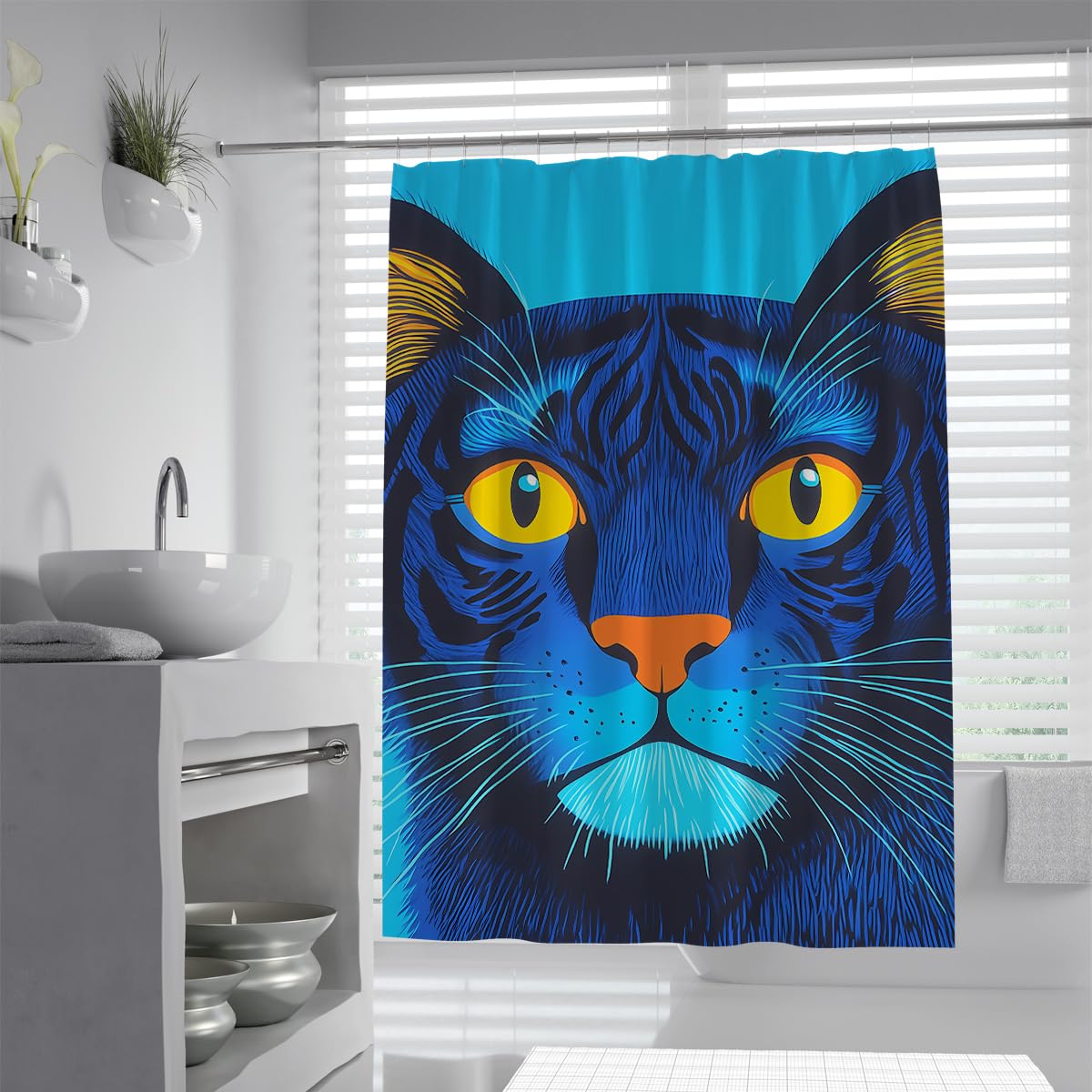 UIRINGART Black Cat Shower Curtain W180xL220cm Abstract Yellow Eyes Animal Waterproof Polyester Bath Curtains Quick Drying Washable With Hooks