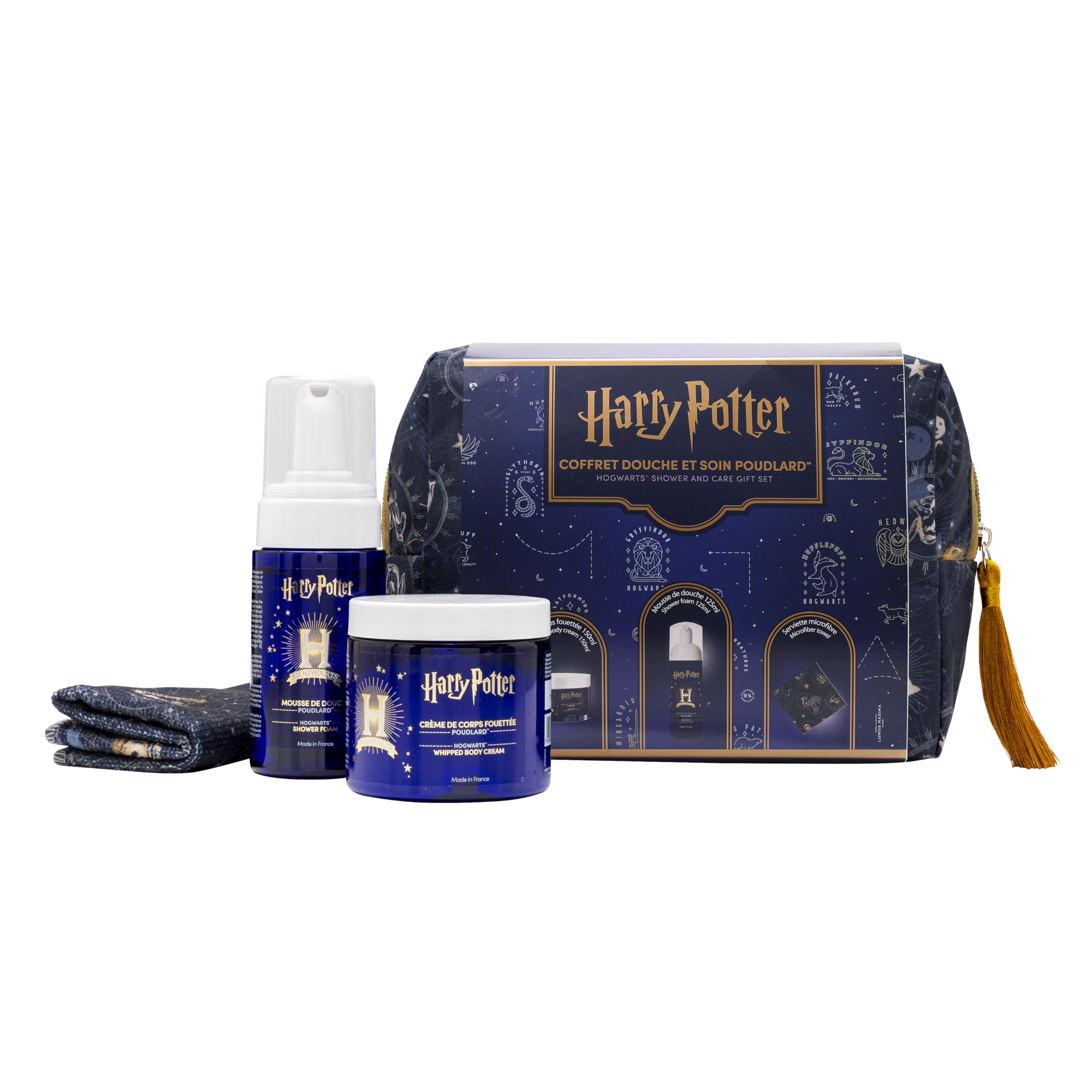 Coffret Harry Potter Poudlard - Mousse Douche 125ml & Mousse Corps 150ml - Inclut Serviette Microfibre et Trousse Beauté - 93-95% Ingrédients Naturels - Pour Enfants