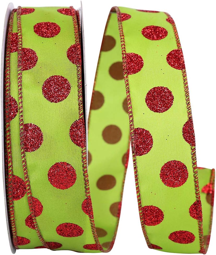 Reliant Ribbon Red Dot Glitter Value Wired Edge Ribbon, 1-1/2 Inch X 50 Yards, Lime/red