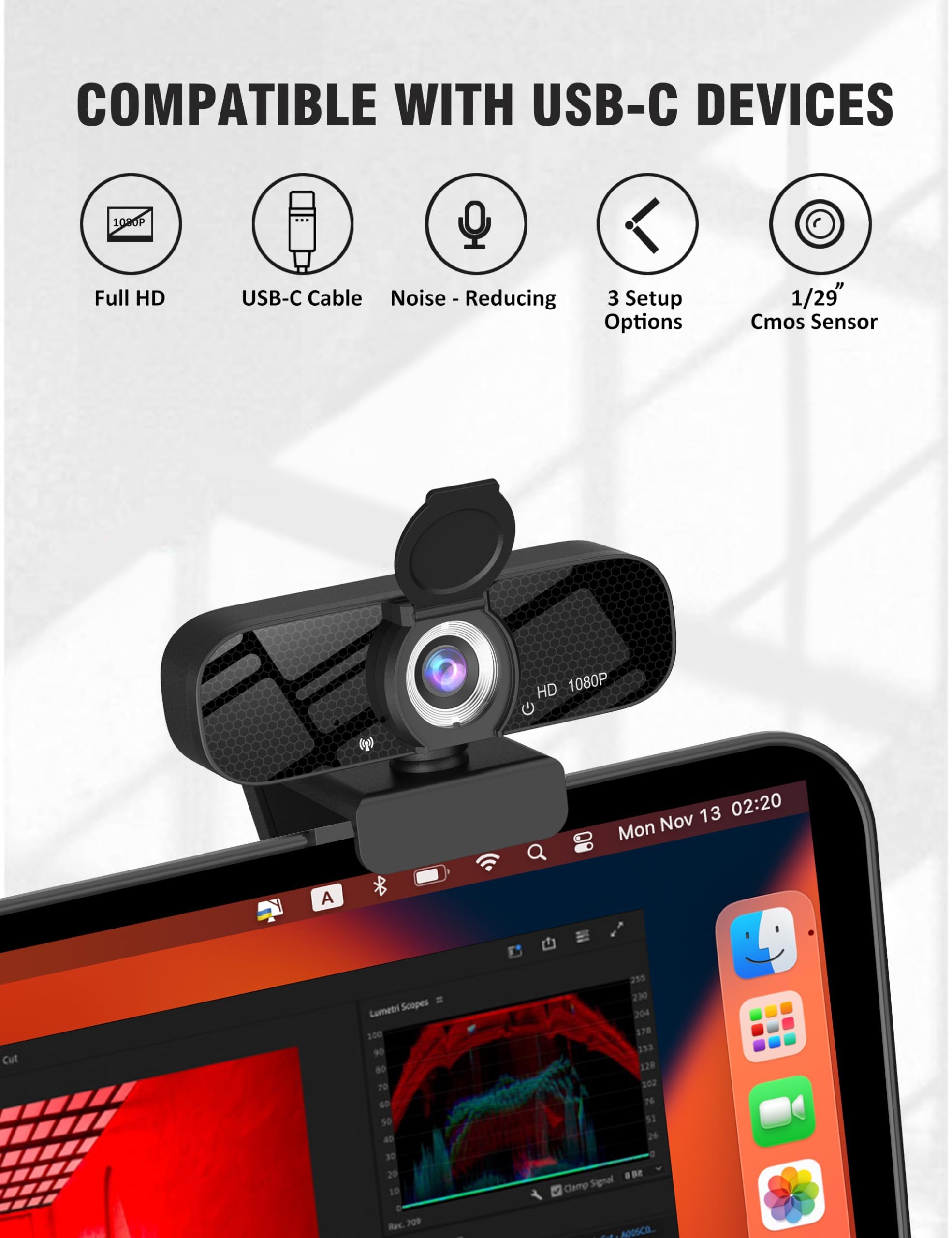 Gozvrpus USB HD Webcam with Built-in Microphone and Rotatable Tripod, 1080P Video, Wide Angle Camera, Privacy Cover, for Desktop PC or Laptop Computer(Black