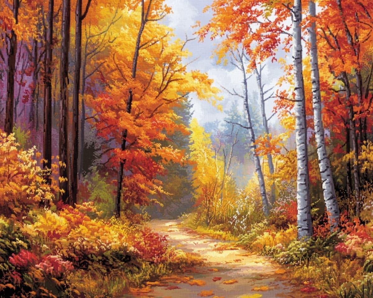 AxiangziK Beginners Stamped Cross Stitch Kits 16x20inch,Autumn Forest Landscape Range of Embroidery Starter Kits for DIY Printed Cross Stitch Pattern 11CT Needlepoint