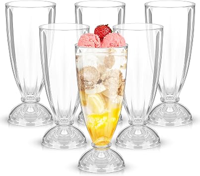 Leumoi 6 Pack 12.6 oz Milkshake Glass Clear Old Fashioned Soda Glasses Acrylic Milkshake Cups Plastic Sundae Glasses Fountain Glass Footed Ice Cream Cups