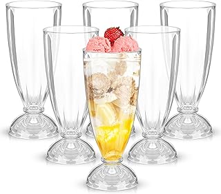Leumoi 6 Pack 12.6 oz Milkshake Glass Clear Old Fashioned Soda Glasses Acrylic Milkshake Cups Plastic Sundae Glasses Fountain Glass Footed Ice Cream Cups