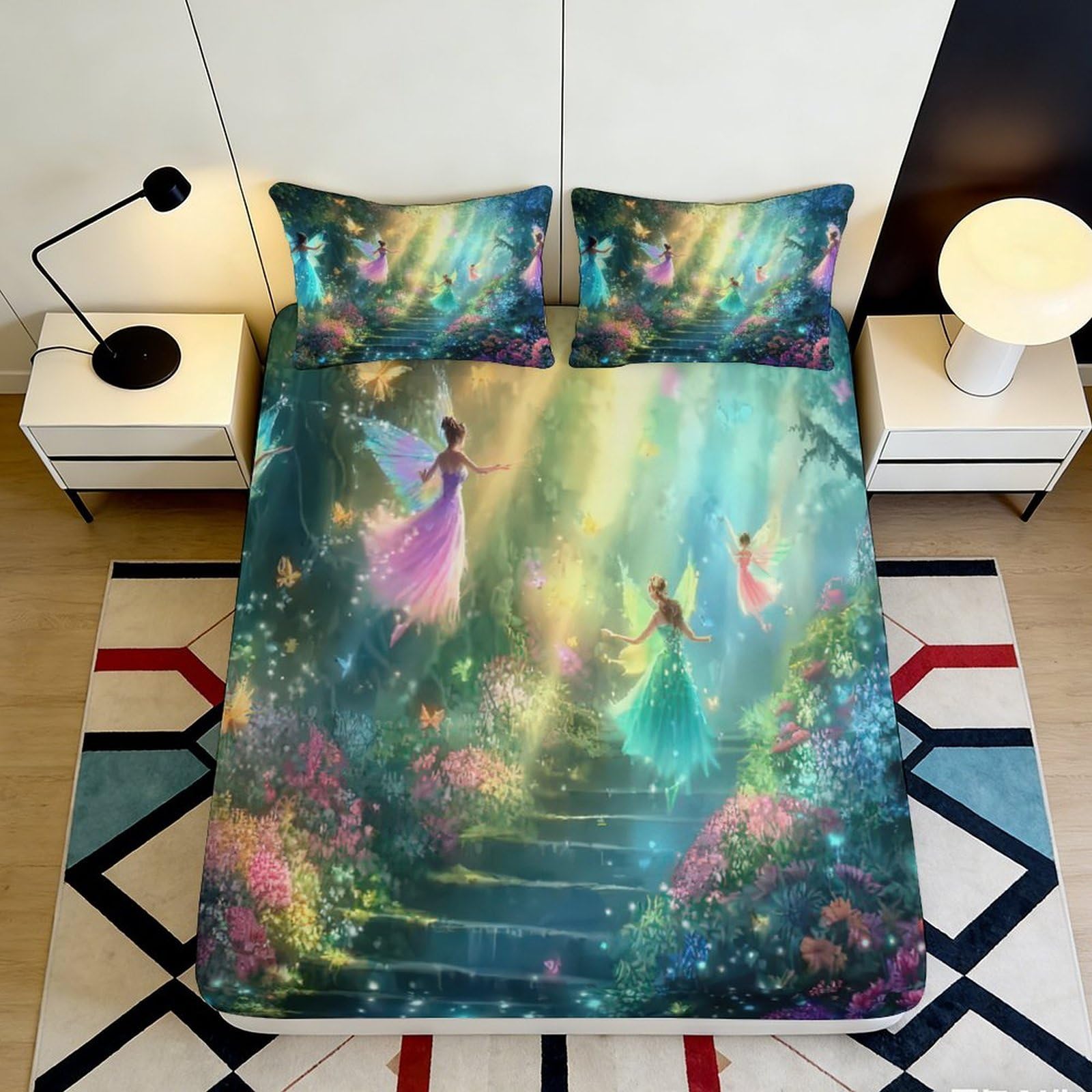 3D Printed Fantasy Forest Fitted Sheet Microfiber Soft Breathable Fairy Tale Dream Bed Cover for Bedroom Dorm Decor 90x200x25cm