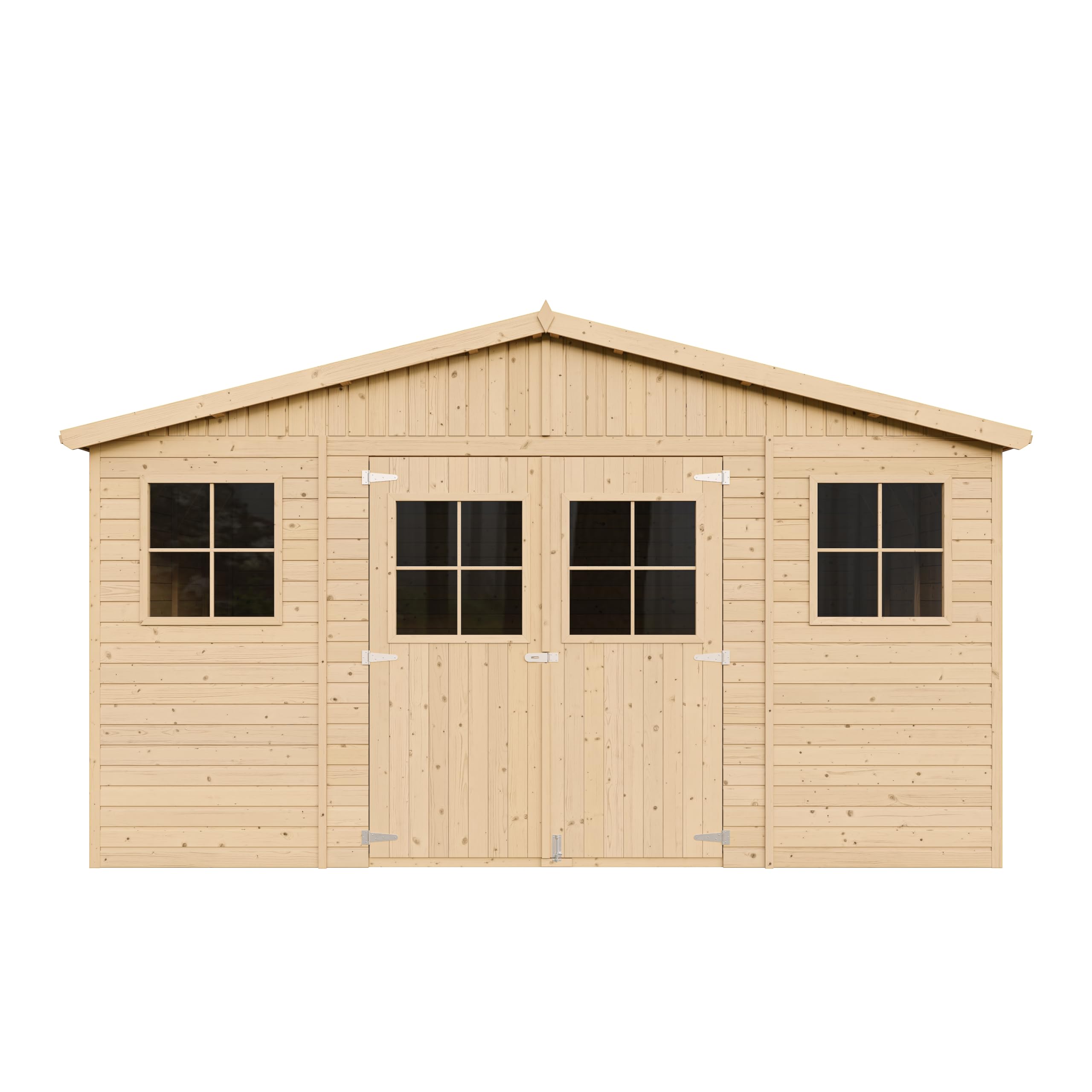 Abri de Jardin en Bois Naturel - Stockage extérieur avec fenêtres- H246 x 418 x 420 cm/ 16 m²- Hangar en Bois Naturel - Atelier Rangement Outils et vélos- TIMBELA M330