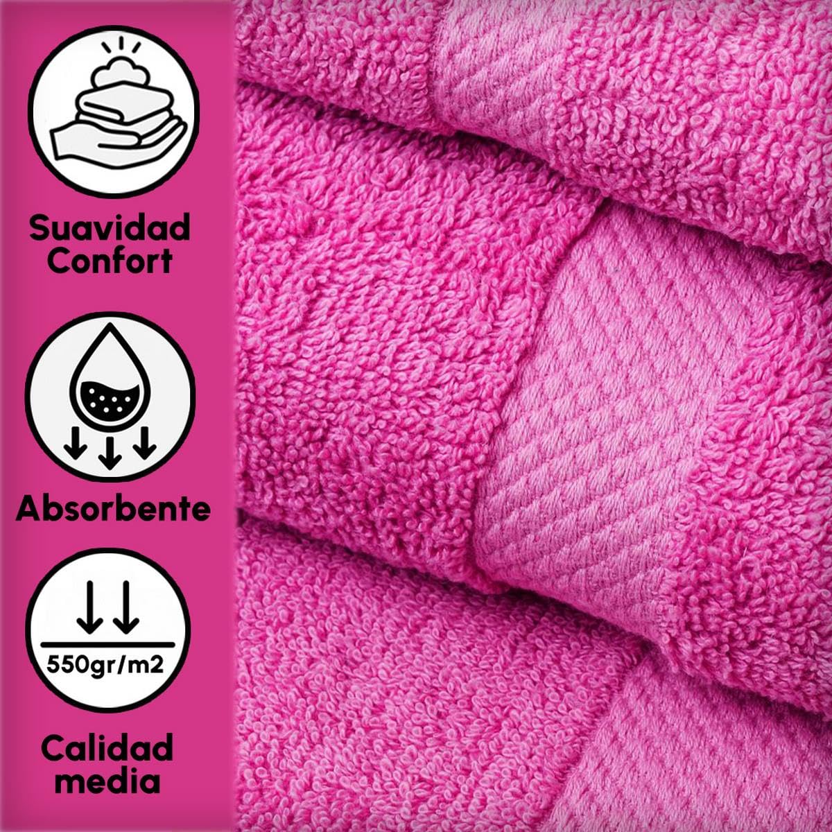 Juego de 6 Toallas de Ducha Grandes Fucsia 100% algodón Rizo 150x100 cm | Tejido suave de gran gramaje con alta absorción. Aptas para lavadora, de uso diario.