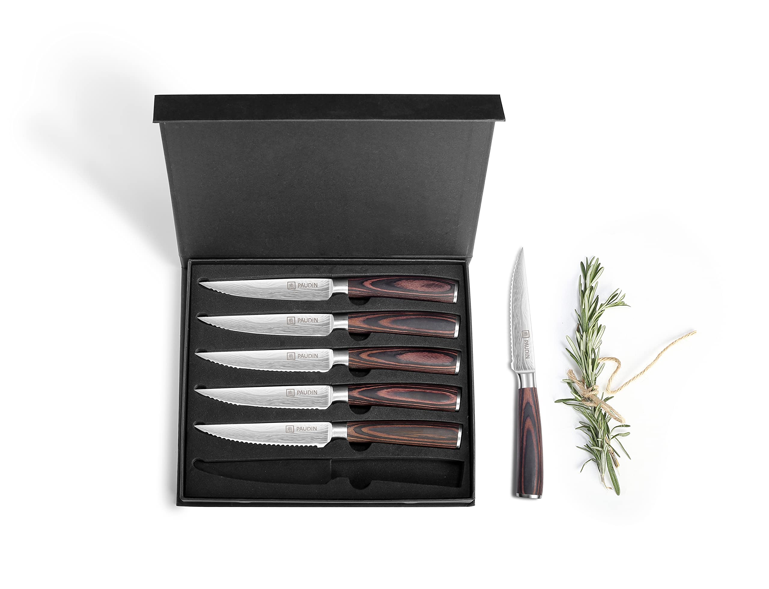 PAUDIN Juego de 6 cuchillos de carne, cuchillos de carne de acero inoxidable alemán, hoja dentada ultra afilada y mango ergonómico de madera, cuchillos de mesa con estuche de regalo