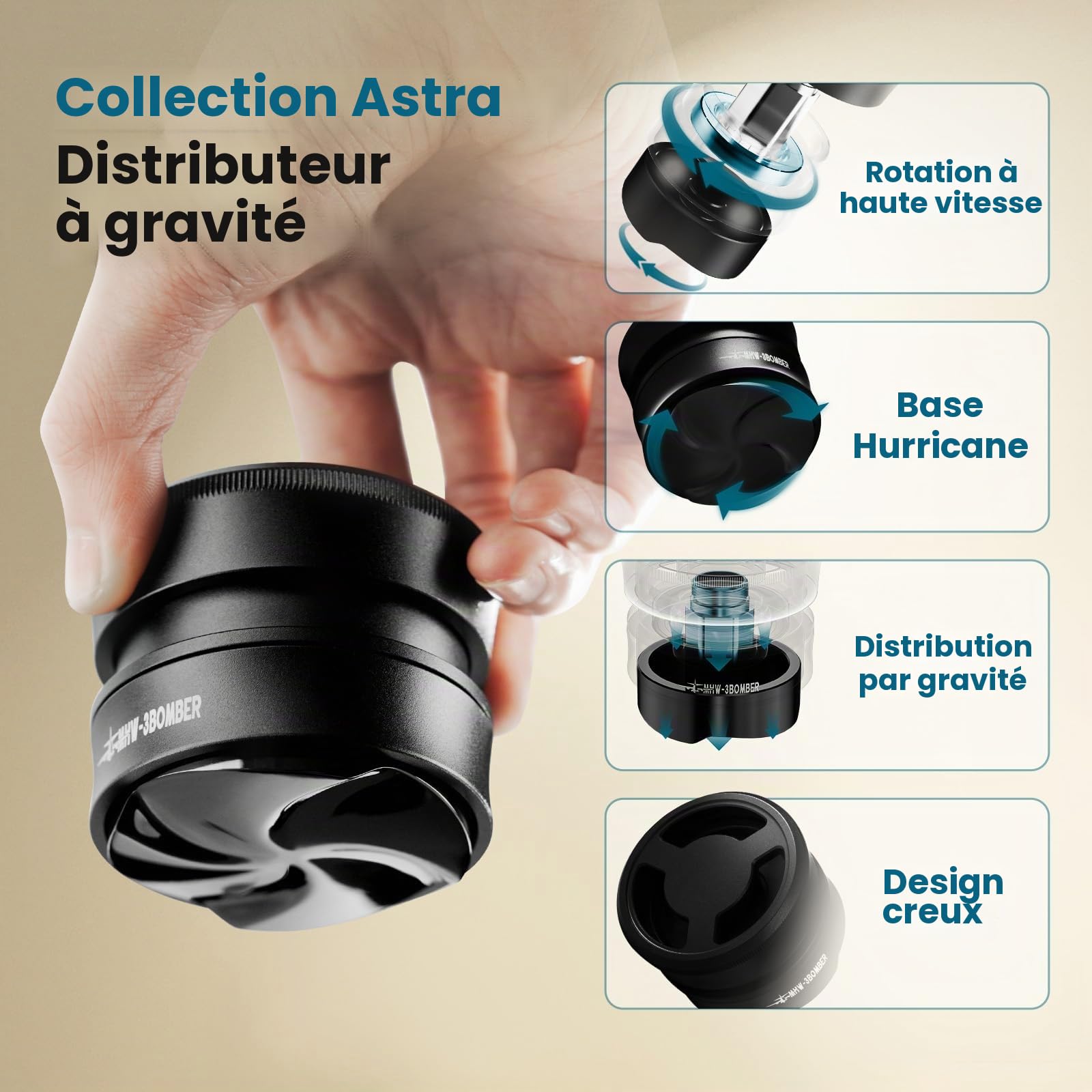 MHW-3BOMBER Astra Distributeur de Café 51mm, Outil Espresso à Gravité avec Hauteur Adaptative, Leveler pour Porte-Filtres 51mm, Outil Précis de Barista pour une Extraction Parfaite, Modèle T7019-OS