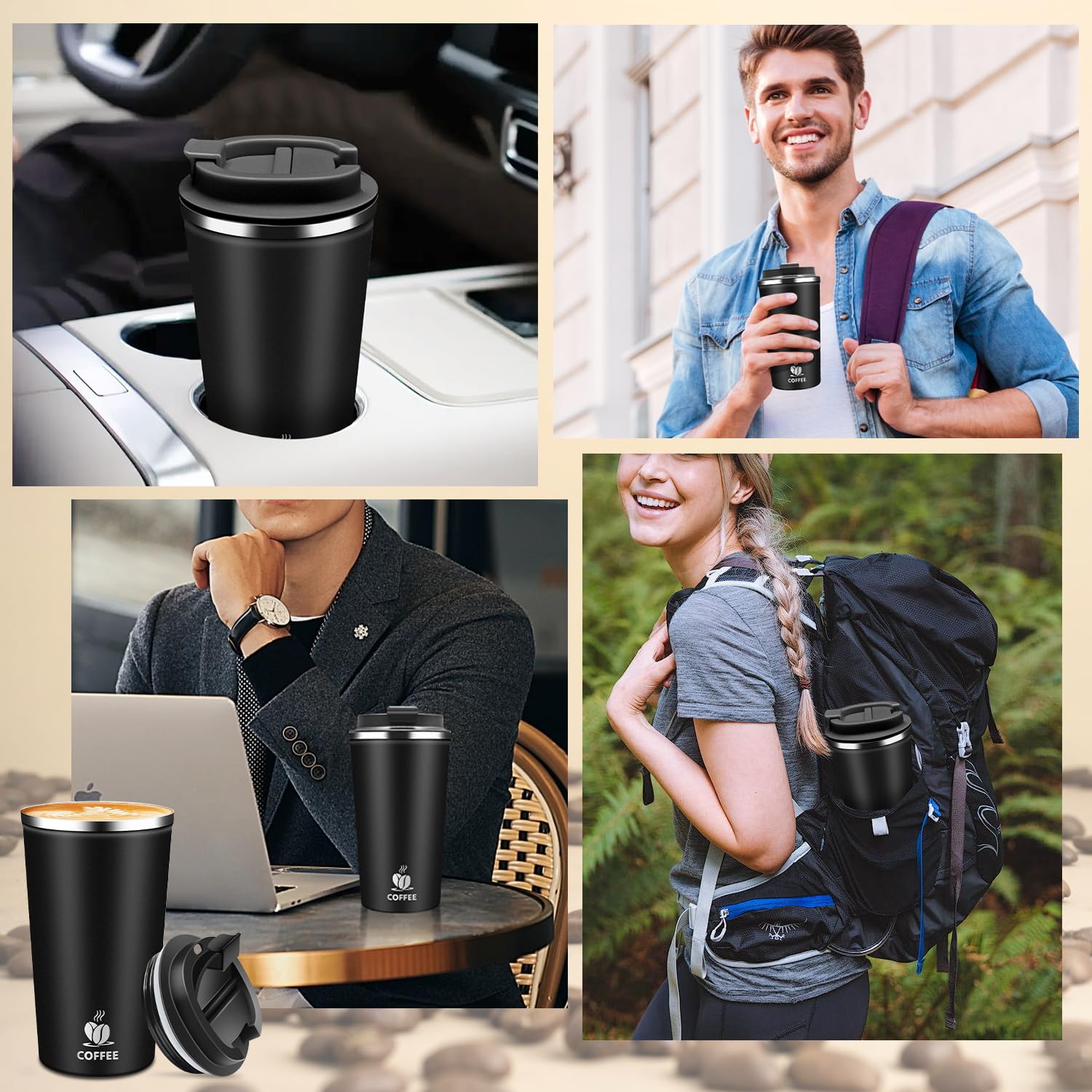 Taza de café reutilizable de 17 onzas, taza de café con tapa abatible a prueba de fugas para viajes, oficina, escuela, fiesta, camping, acero inoxidable, color negro