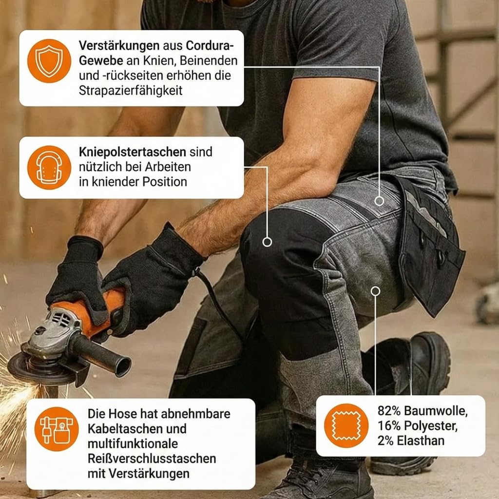 NEO TOOLS Robuste Jeans Arbeitshose, Strapazierfähige Bundhose für Herren | Aus Denim, 400 g/m² mit Kniepolstertaschen, Cordura-Verstärkungen & Stretch-Anteil