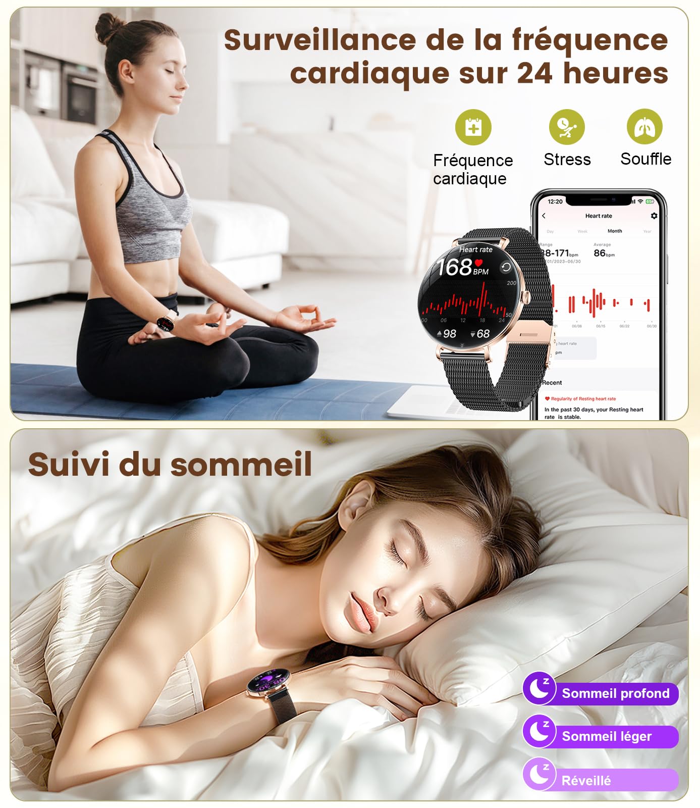 BENYAR SMART Montre Connectée Femme, 1.43" Ultra-Fin Écran AMOLED avec Appel Bluetooth, Santé Féminine, Étanche IP68, 110 + Modes Sportifs, Podomètre, Smartwatch Femme pour iOS Android, Maille Noire