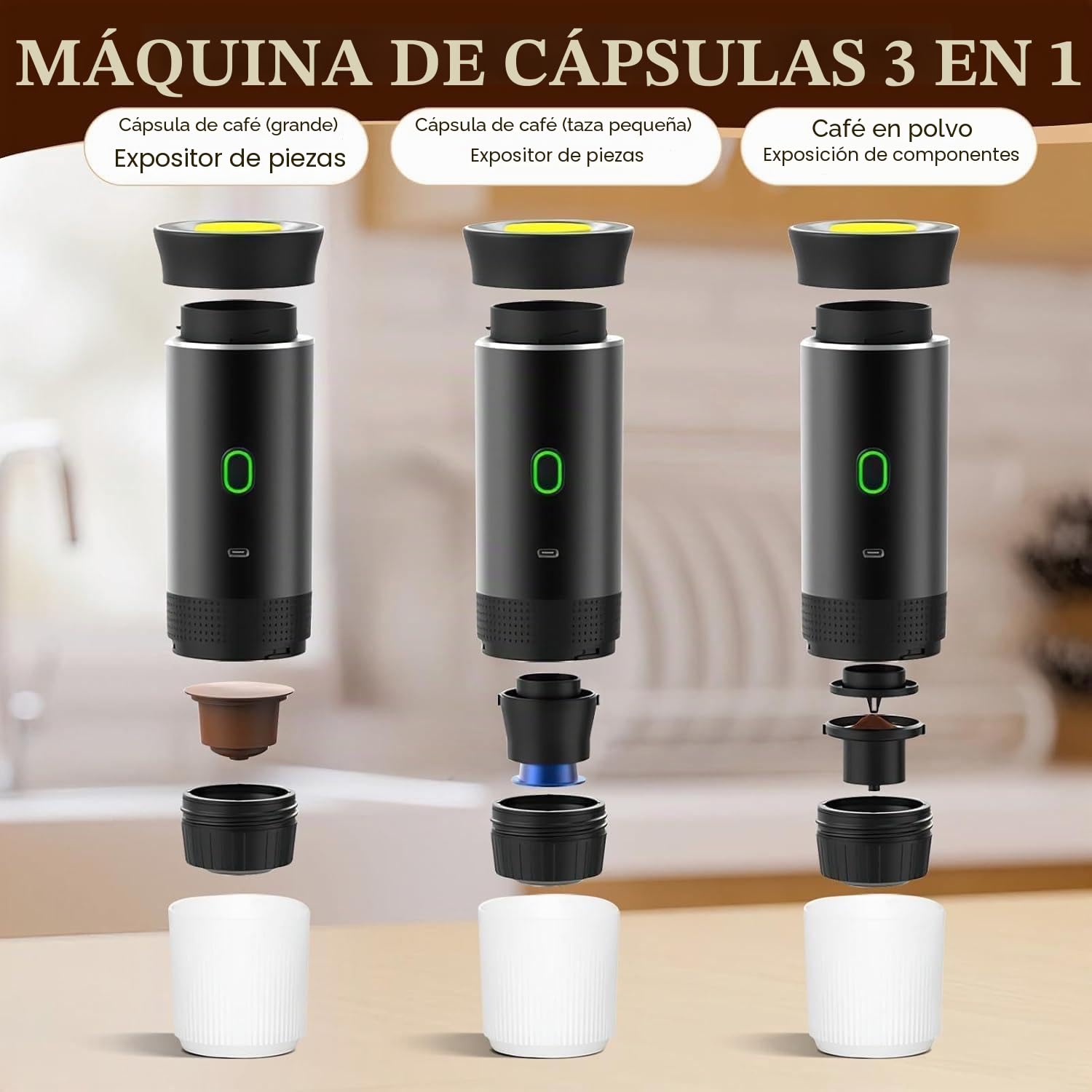 Máquina de café expreso portátil, autocalentamiento de 4 a 6 minutos, cafetera portátil 3 en 1, carga de tiempo lento, 50 cápsulas, para una pequeña