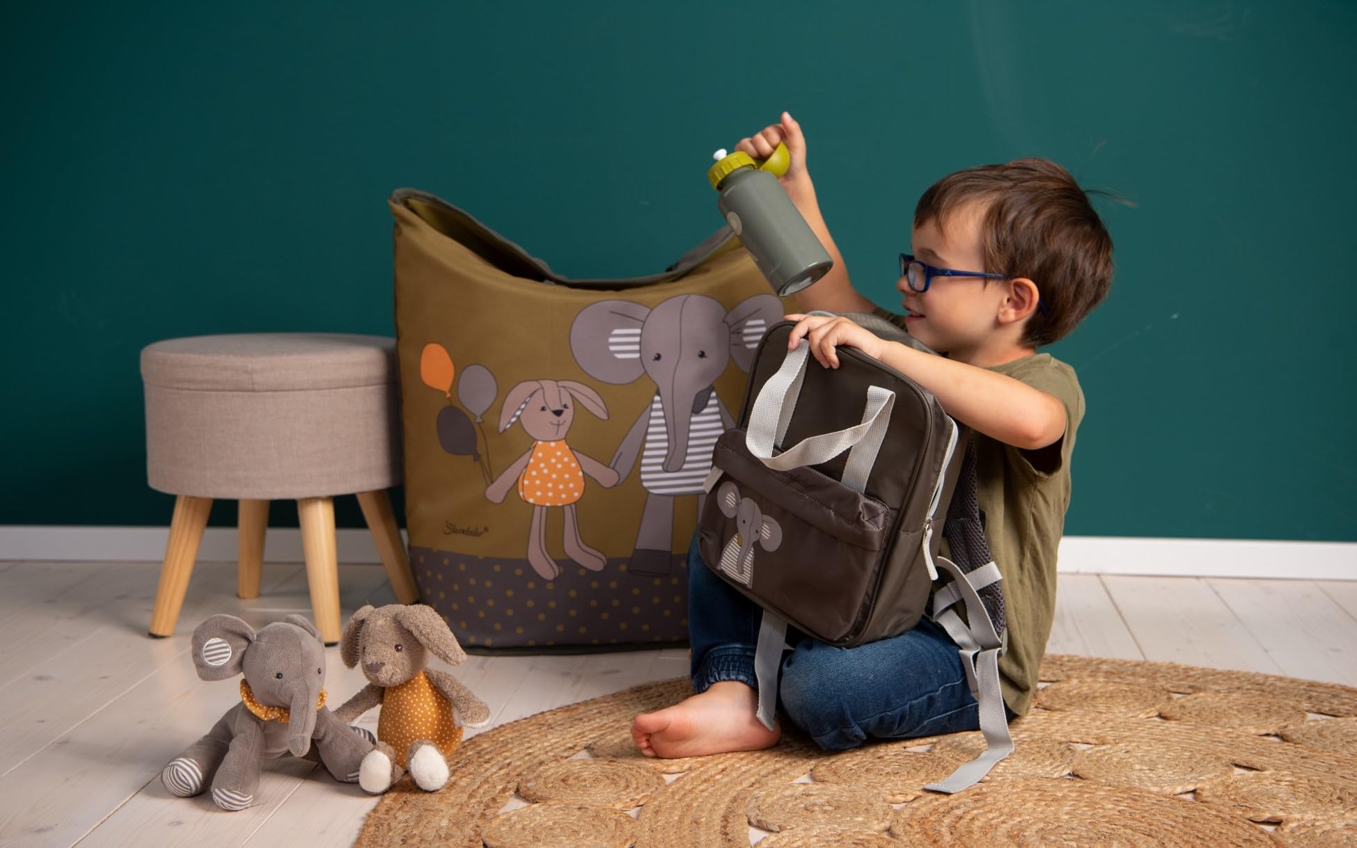 Sterntaler Cestino portaoggetti unisex per bambini, motivo elefante e coniglio, colore: verde scuro