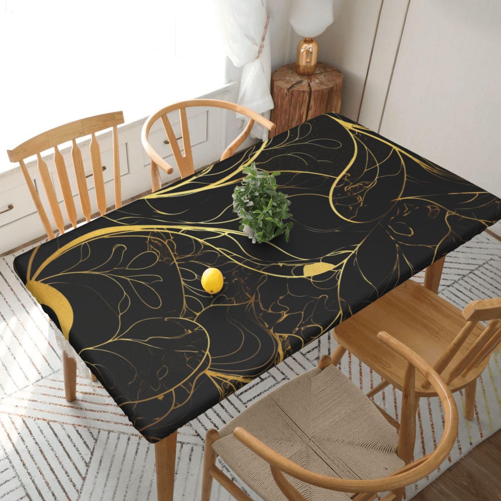 WPKJU Black and Gold Background Printed Tablecloths 5ft Rectangular Table Covers Washable Polyester Decorative Table Cloth for Dining Table Picnic Wedding