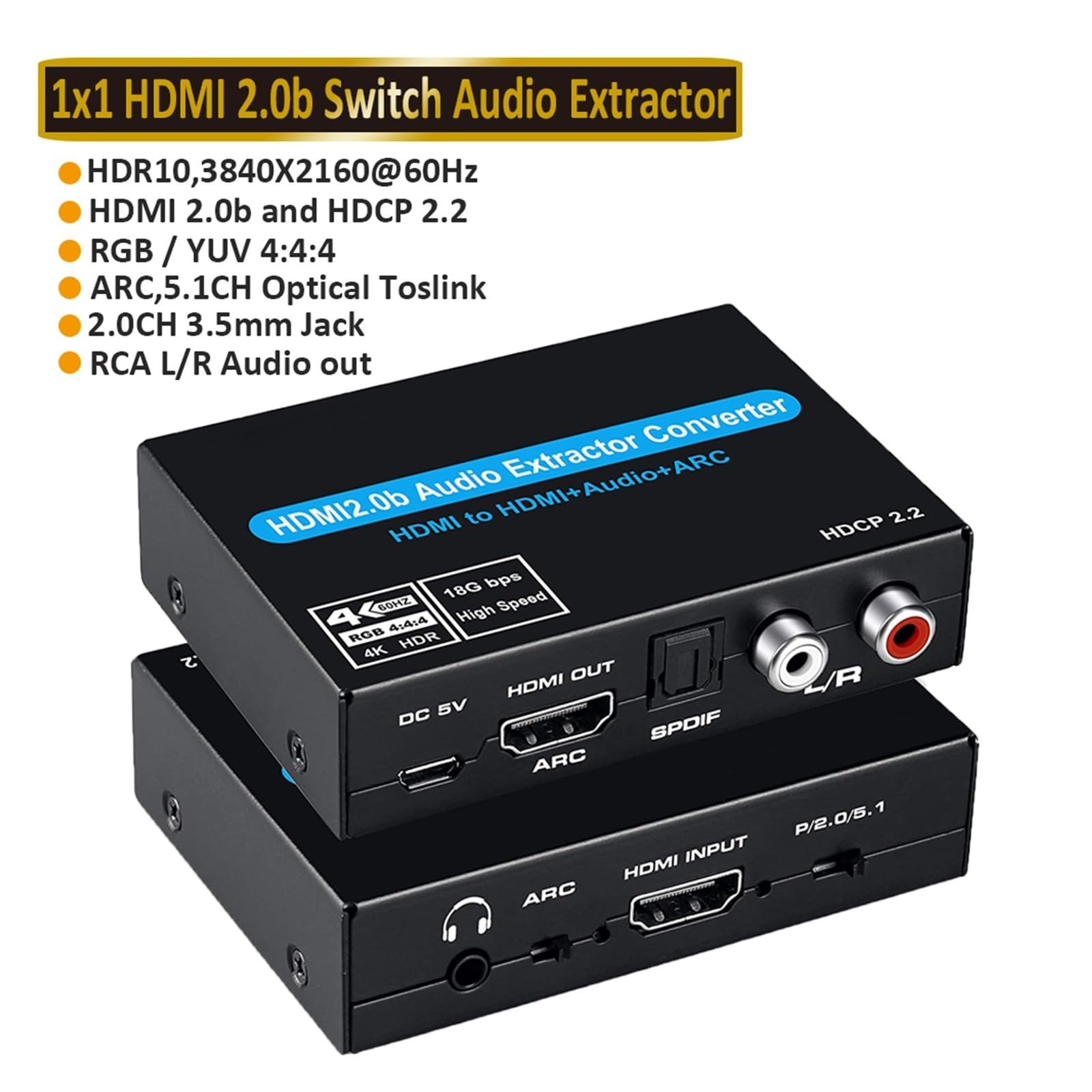 Conmutador 4K 2.0, Extractor de conmutadores, Divisor HDR ARC 4X1 con Control Remoto (Entrada + toslink + Salida estéreo)(ZY-HA001)
