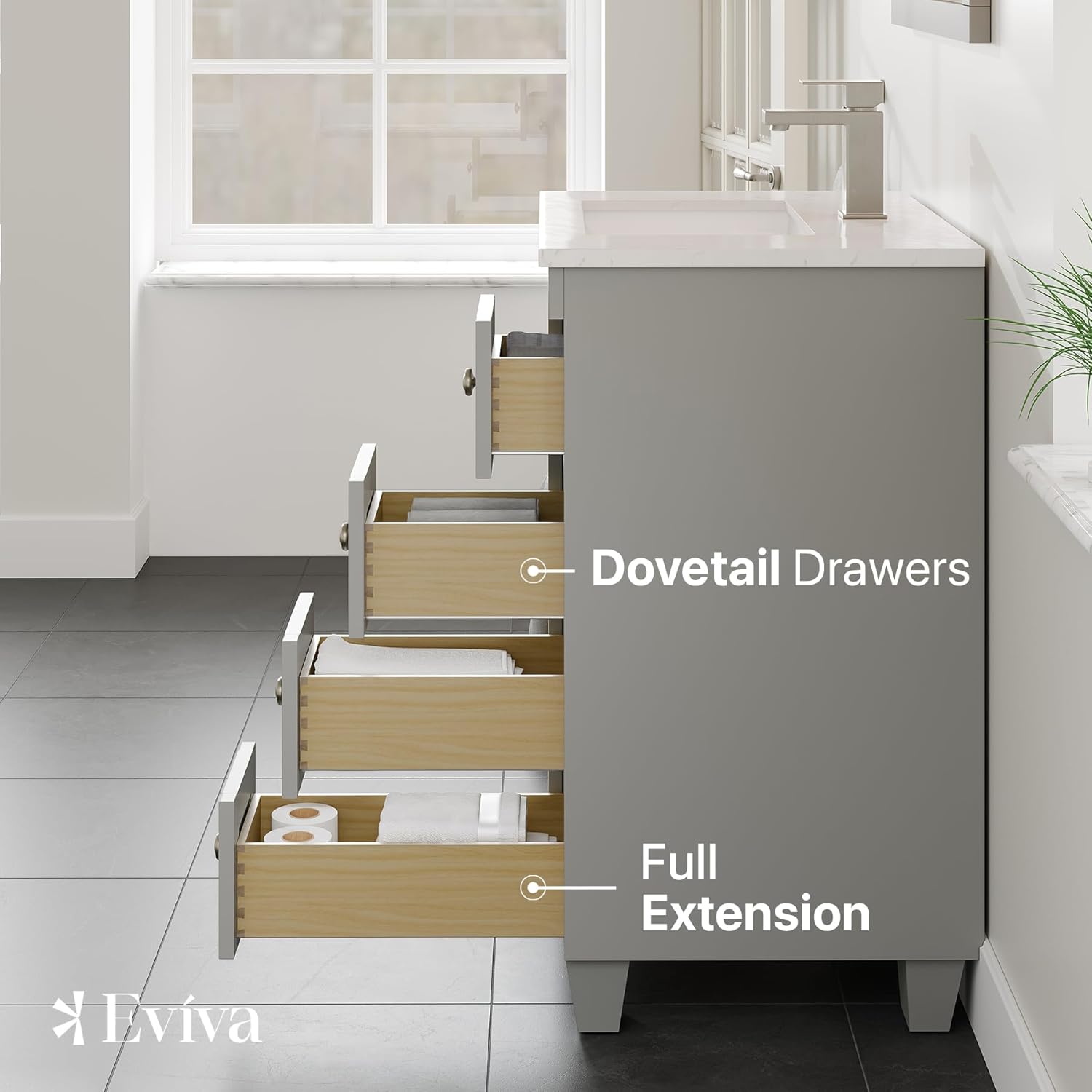 Eviva Acclaim 24 in. Gray Single Sink Bath Vanity with Carrara Quartz Top and Undermount Porcelain Sink
