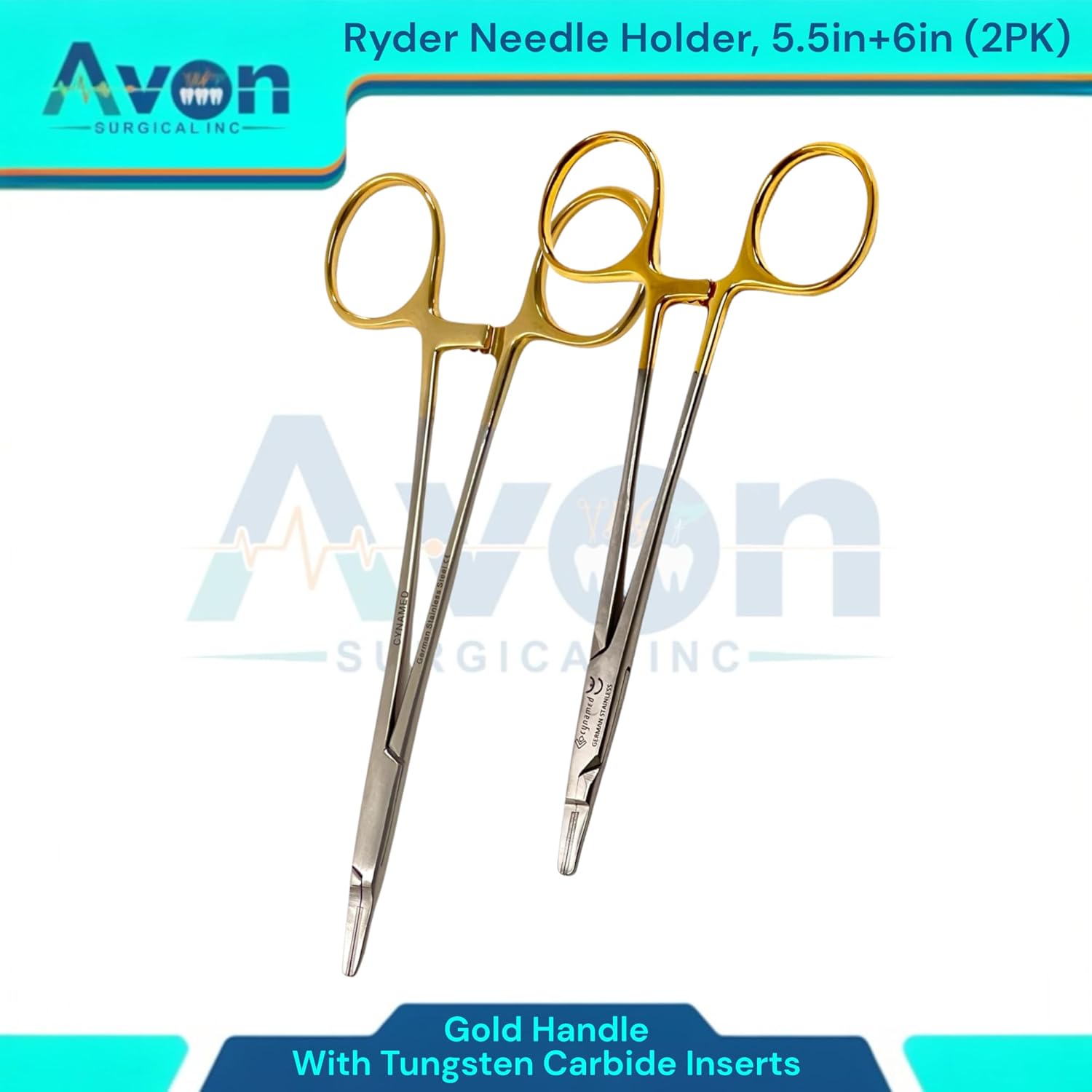 Set of 2 Premium Stainless Steel Needle Holders, 5.5in & 6in Ryder Needle Drivers with Tungsten Carbide (TC) Inserted Jaws Gold Ratchet Handle - Autoclave-Safe
