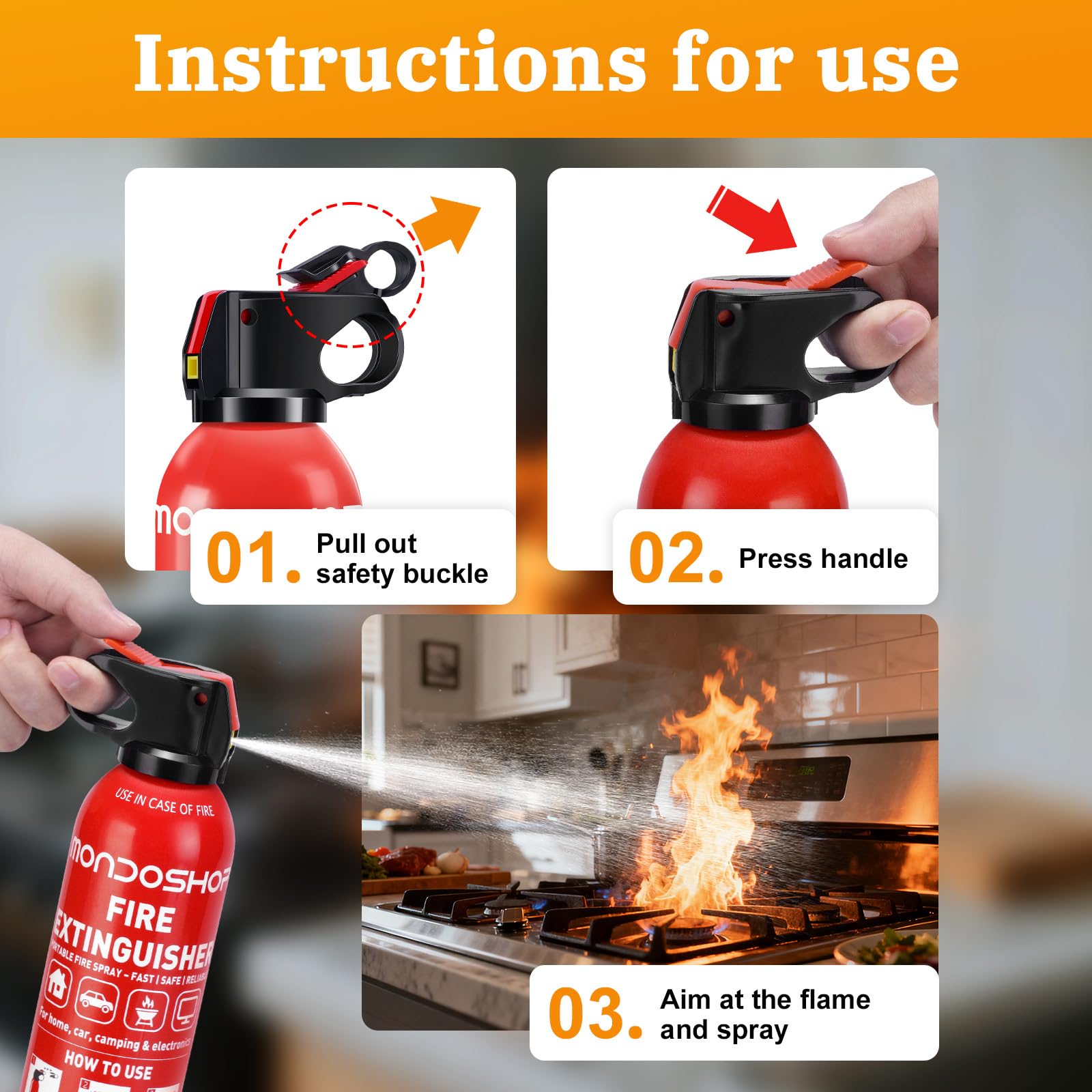 Portable Fire Extinguisher for Home and Vehicle - Mondoshop 2-Pack Water-Based Small Fire Extinguisher with Mount for A, B, C, K Fire, Suitable for Kitchen, Vehicle, Home, Car, Boat, Camping, Business