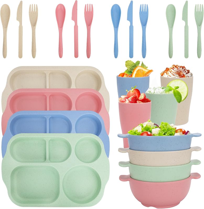 Juego de vajilla de plástico de 24 piezas para juegos de platos y tazones para niños adultos | Platos divididos para niños, cuencos, tazas, cubiertos, juego de vajilla reutilizable para niños, apto para microondas y lavavajillas para fiesta escolar en casa