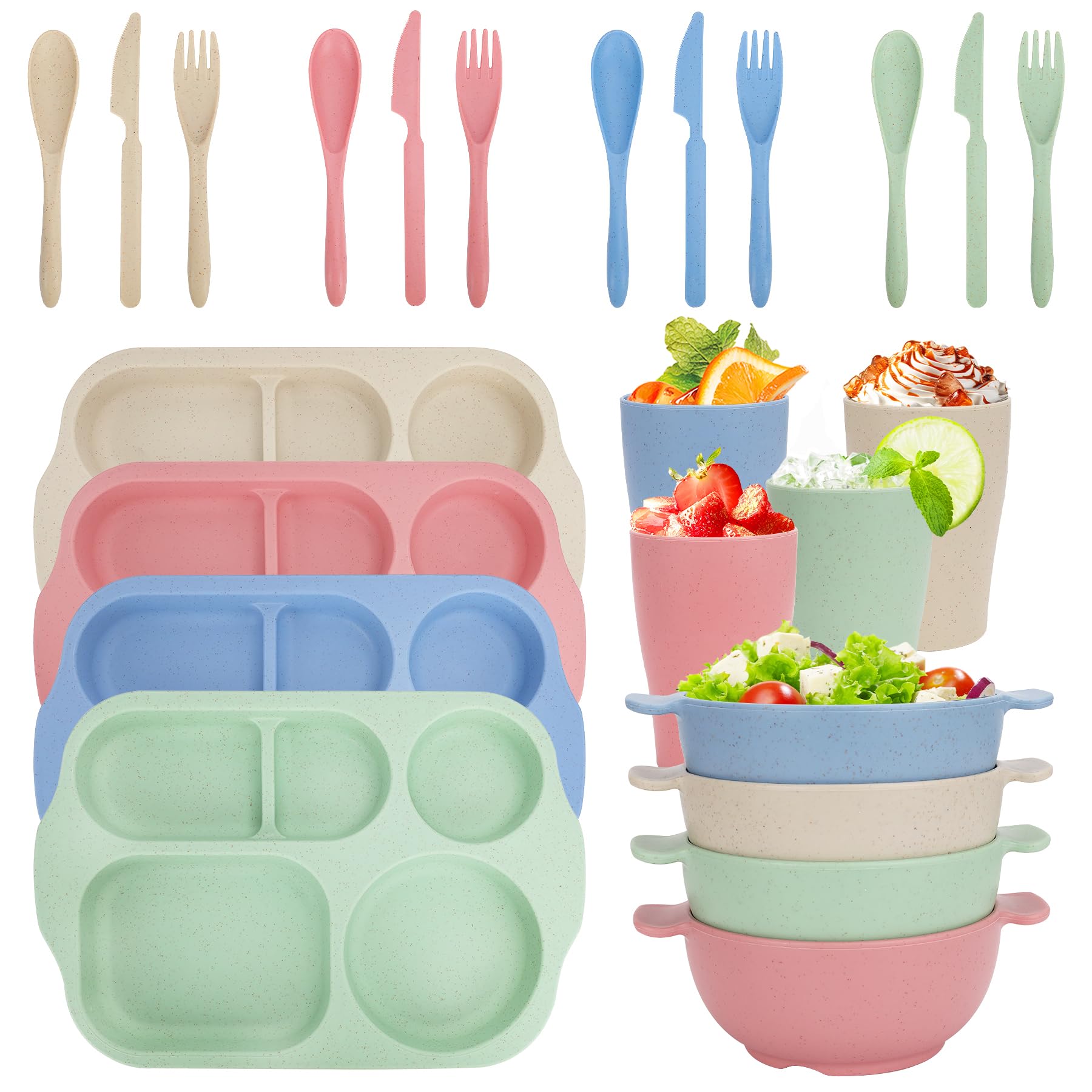 Ensemble de vaisselle incassable pour 4 personnes, 24 pièces d'assiettes divisées en plastique, ensemble de couverts, ensemble de vaisselle réutilisable pour adultes, enfants, école, bureau, fête