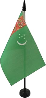 Turkmenistan Table Flag 4'' x 6'' - Turkmen Desk Flag 15 x 10 cm - Black plastic stick and base - AZ FLAG