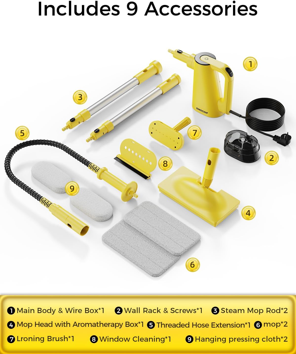 Steam Mops for Floor Cleaning, with 7-in-1 Attachments, 13OZ Water Tank, 23ft Power Cord, Detachable Handheld Steamer for Cleaning Hardwood, Tile, Glass, and Ironing (Yellow-A1)