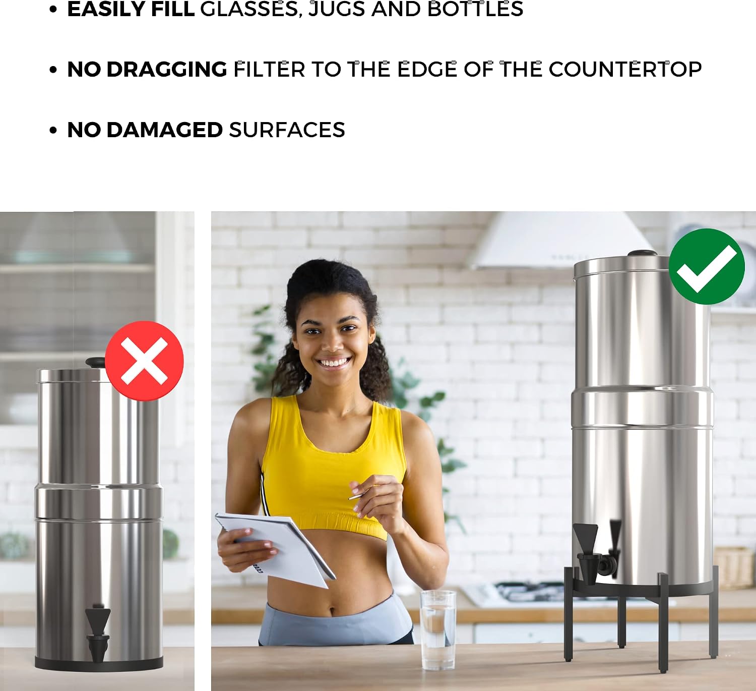 AUBURY Adjustable Water Filter Stand - 5.5" High Berkey Filter Compatible, Easy Fill Water Bottles, Pitchers, Glasses, Width and Feet Adjust to Fit Countertop Gravity Water Dispensers LOW