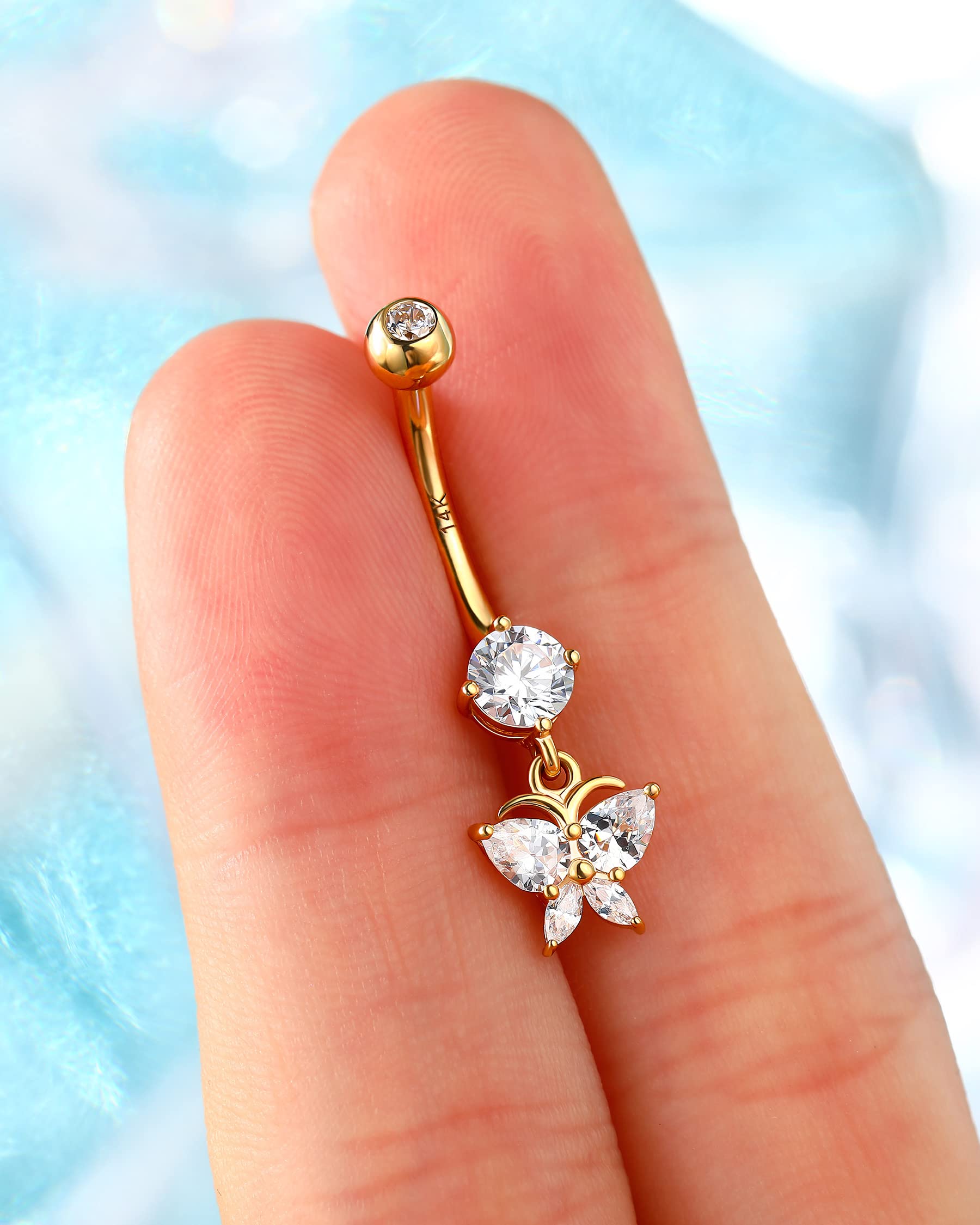 Melighting Piercing de ombligo de oro macizo de 14 quilates, con diseño de mariposa, con rosca externa, para mujer, Oro amarillo, Circonia cúbica