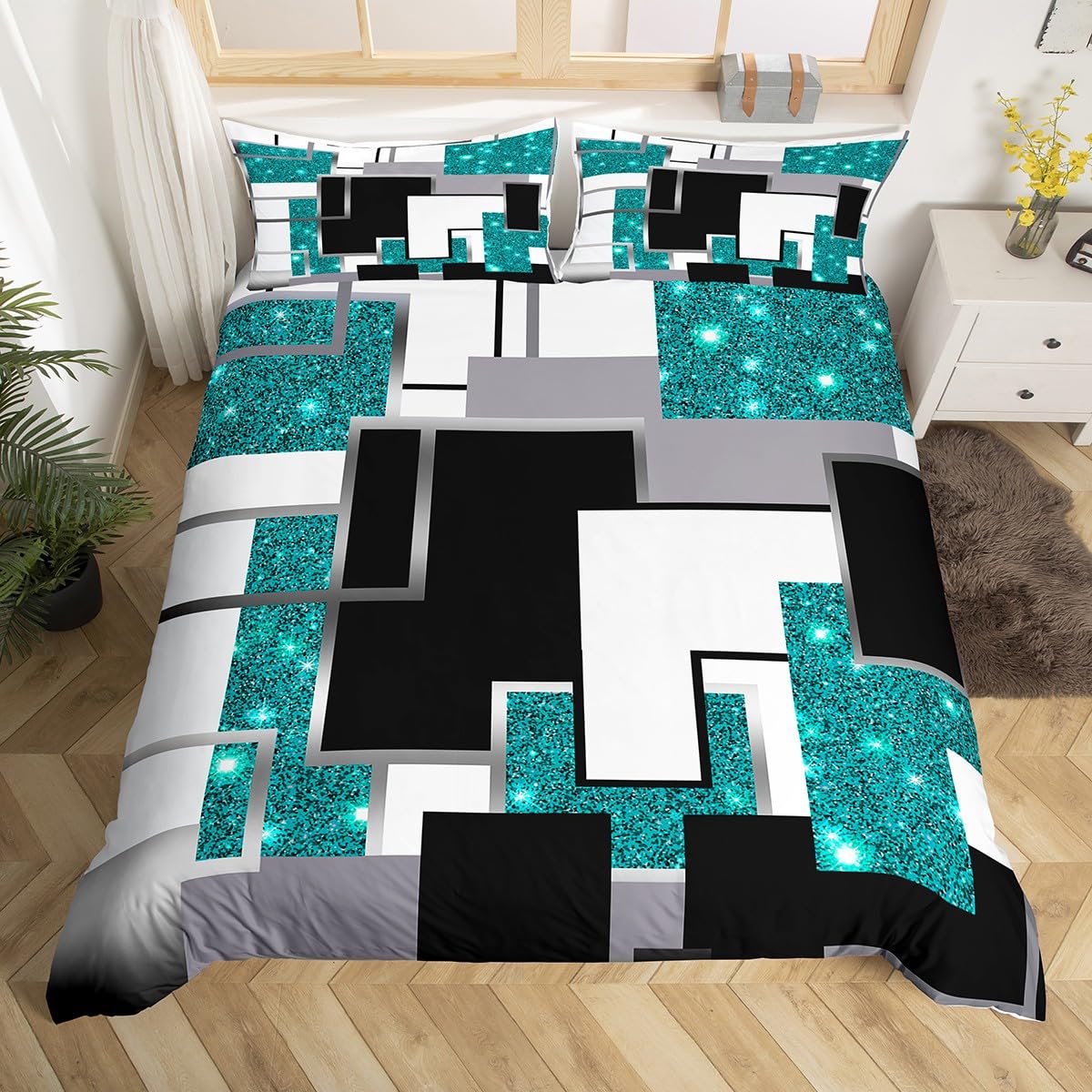 Parure de lit adulte carreaux sarcelle 240x260 et housse de couette géométrique