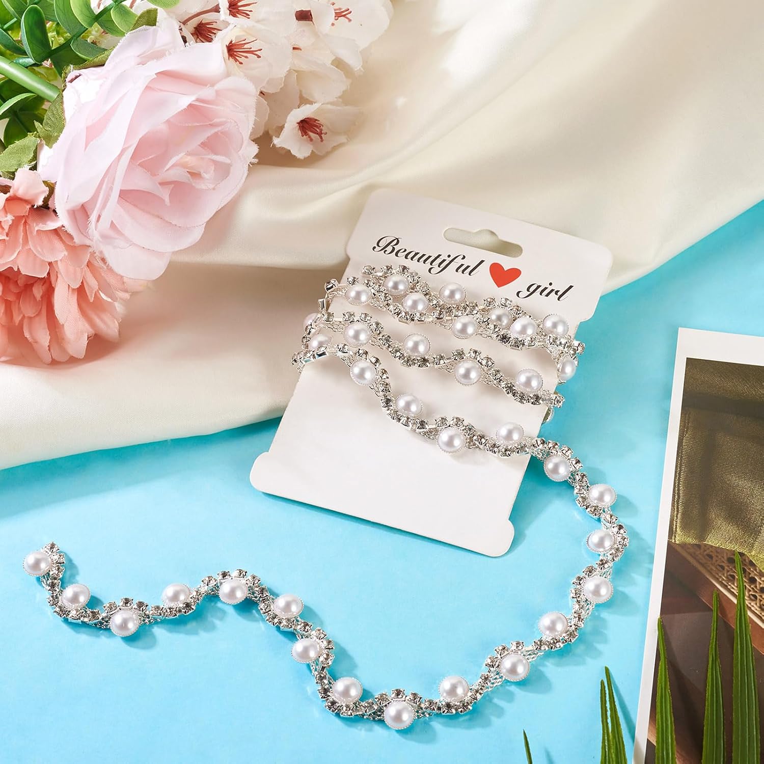 Pandahall 1 Yard Pearl Rhinestone Trim 12x6mm Imitation Pearl Beaded Trim Chain Crystal Applique Fringe Ribbon Strips for DIY Costume Wedding Party Decoration Bridal Embellishments