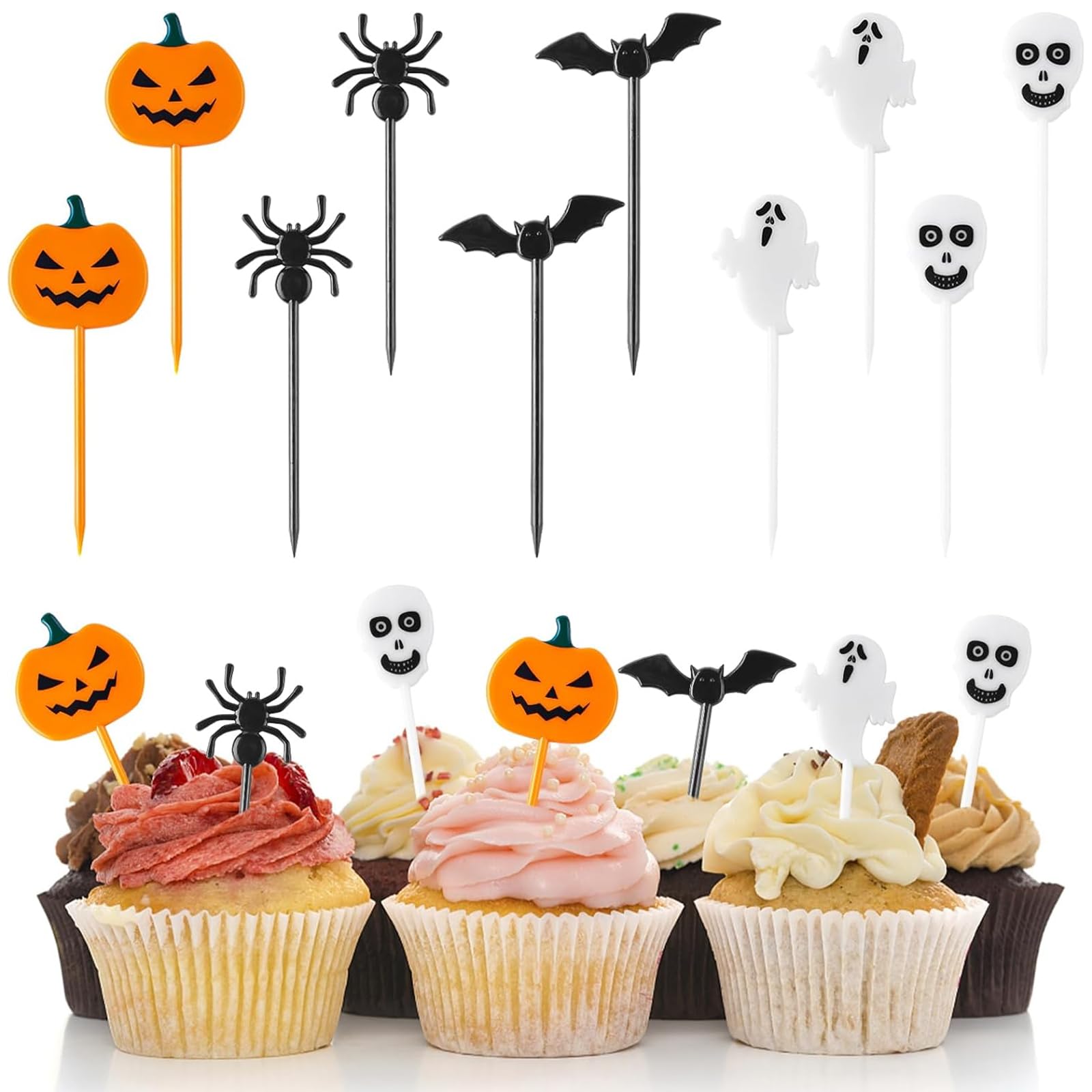 60 Pcs Halloween Cake Decorations Party Cupcake Picks Pumpkin, Ghost, Bat, and Spider Themed Food Toppers for Cupcakes, Snacks, Bento, Fruit and Cake Decoration Halloween Parties decoration