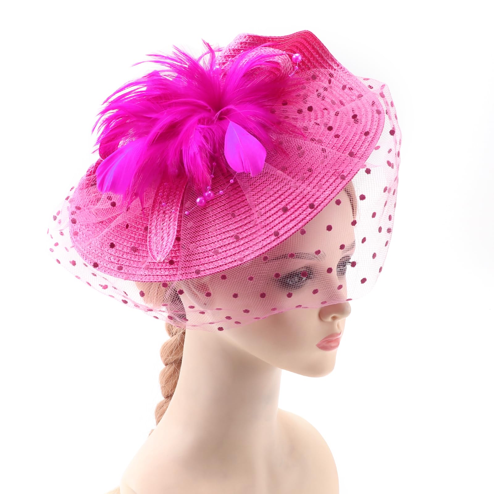 DRESHOW Fascinators Sombrero de Mujer Flor de Malla de Plumas Fascinator Boda Cocktail Tea Party Sombreros Tocados para Niñas y Mujeres