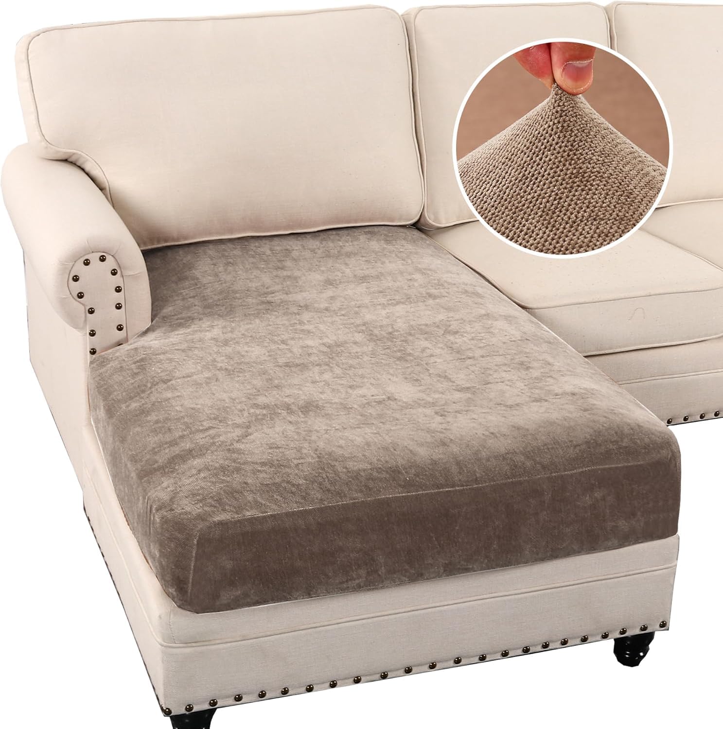 Lingky Taupe Corner Sofa Covers Stretch Chenille Sofa Seat Cushion Covers For Sectional Sofa, Sofa Cushion Slipcovers For L Shaped Sofa, Couch Cushion Covers With Elastic Bottom (,Chaise Cover)