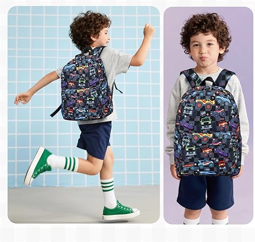 Miniatura 2 de CAMTOP Mochila para niños y niñas, mochilas preescolares con lonchera, juego de mochila escolar para jardín de infantes (vehículo negro a cuadros)