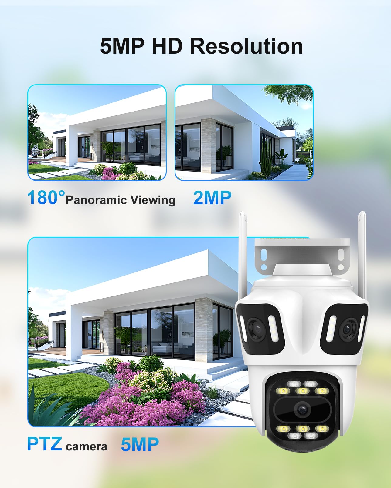 Telecamera di sicurezza esterna wireless a tre obiettivi da 9 MP, Pan/Tilt a 360°, WiFi 2,4 GHz, rilevamento del movimento AI, registrazione 24/7, visione notturna, audio a 2 vie, IP66