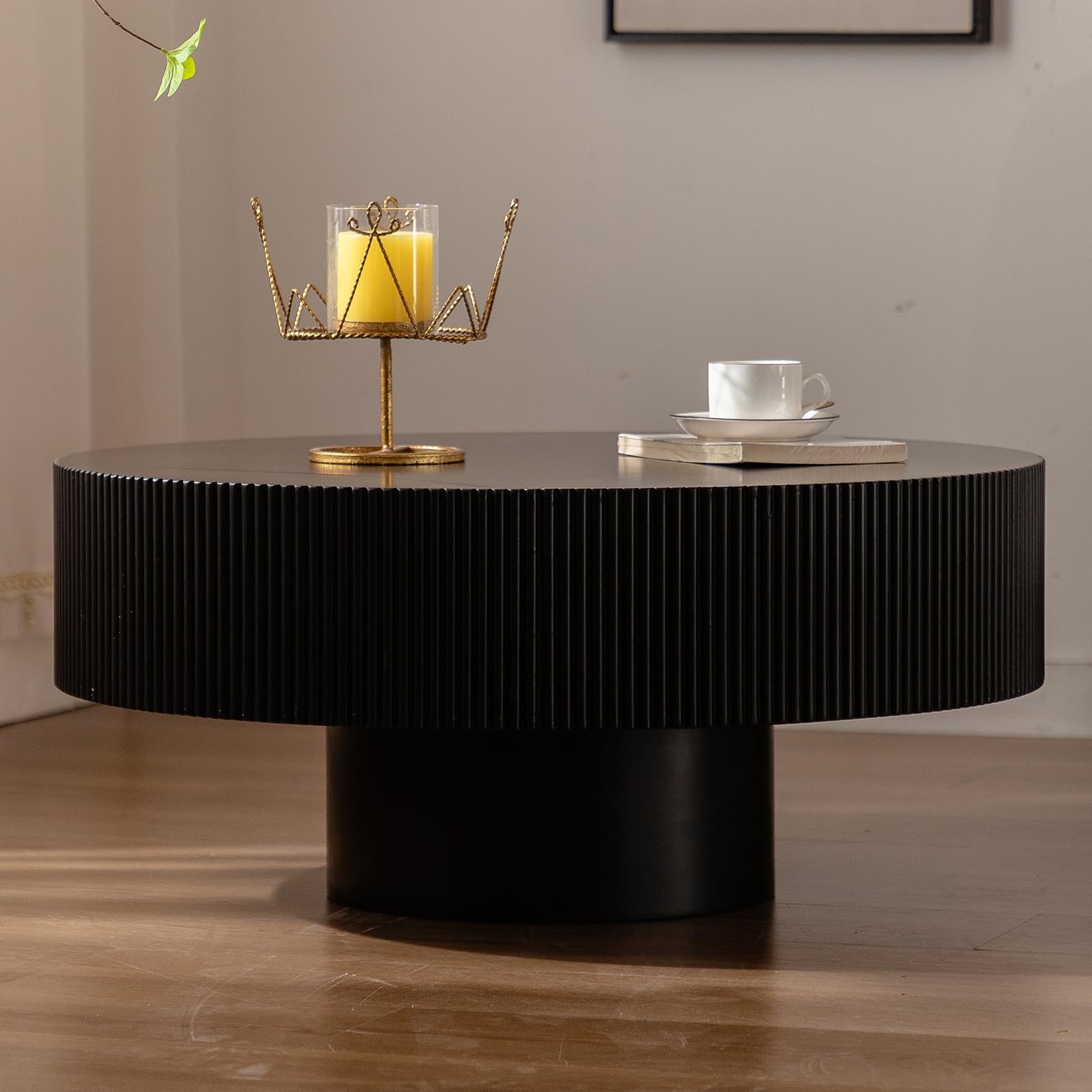 Round Farmhouse Coffee Table Wood Circle Coffee Table for Living Room Modern Round Fluted Center Table with Sturdy Pedestal Drum Circular Embossed Tea