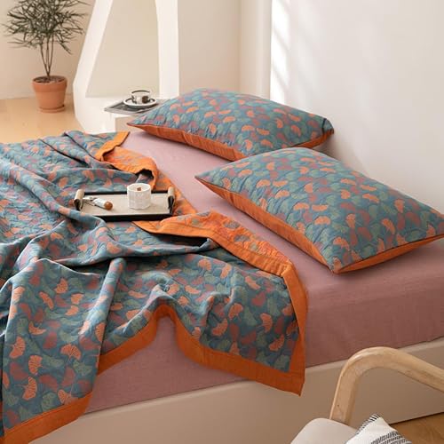Miniatura 7 de Purefair Manta de muselina 100% algodón jacquard floral con estampado de hojas de ginkgo, funda de cama suave de 3 capas, colcha reversible