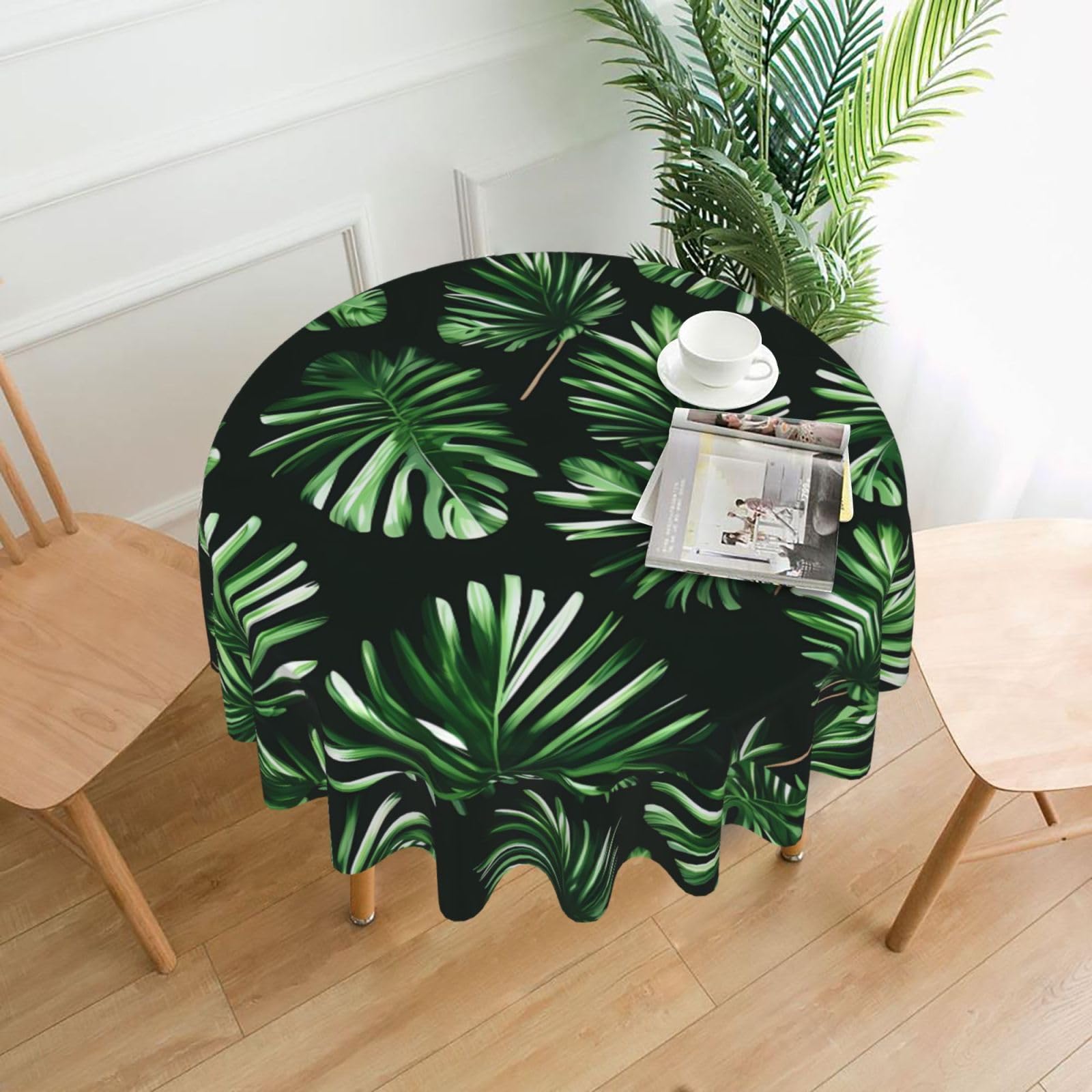 Nbtghga Green Leaves Of Palm Tree Tropical Plant Print Tablecloth Round Border Table Cloth Cover Decorative For Party Holiday Dinning Tabletop Home
