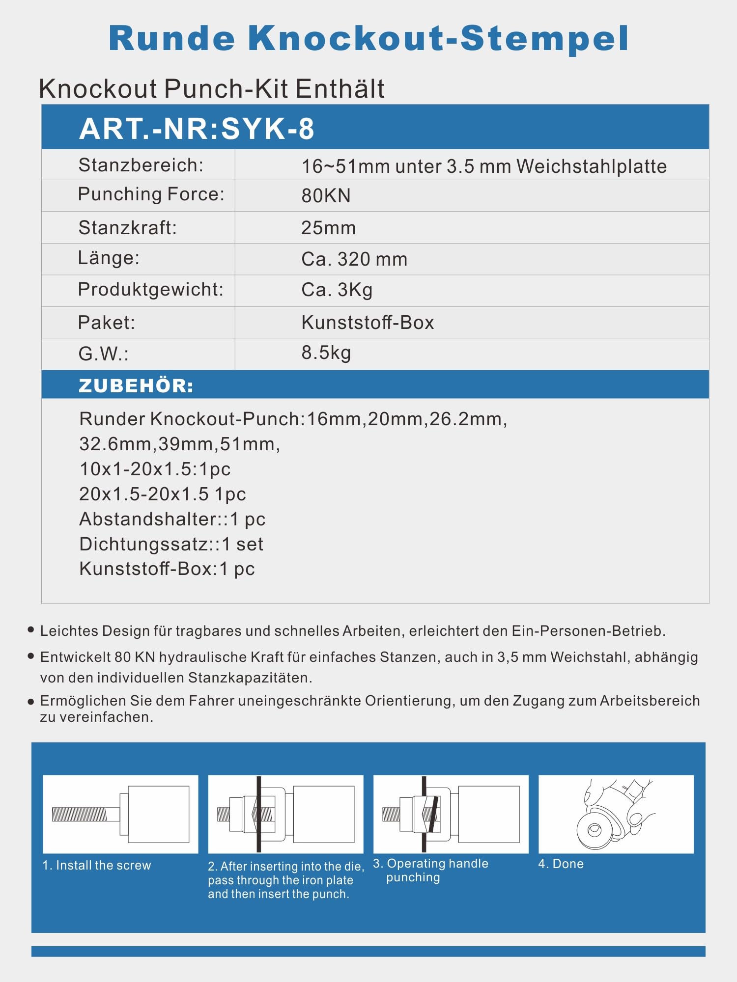 Hydraulisches Lochstanzer-Set Knockout-Lochtreiber-Kit 10t, Handpumpe Stahl Lochwerkzeug mit 6 Stanzformen Stanzen 12,7, 19,05, 25,4, 31,75, 38,1, 50,8mm, Zylinder Lochstanze Hydraulikpumpe | DE