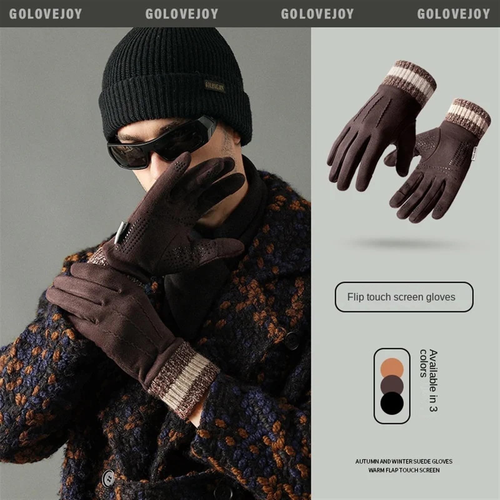 Guantes de Invierno cálidos de Gamuza for Hombre for Ciclismo al Aire Libre, Antideslizantes, antifrío, engrosados ​​y con Pantalla táctil de Piel for Hombre(Coffee)