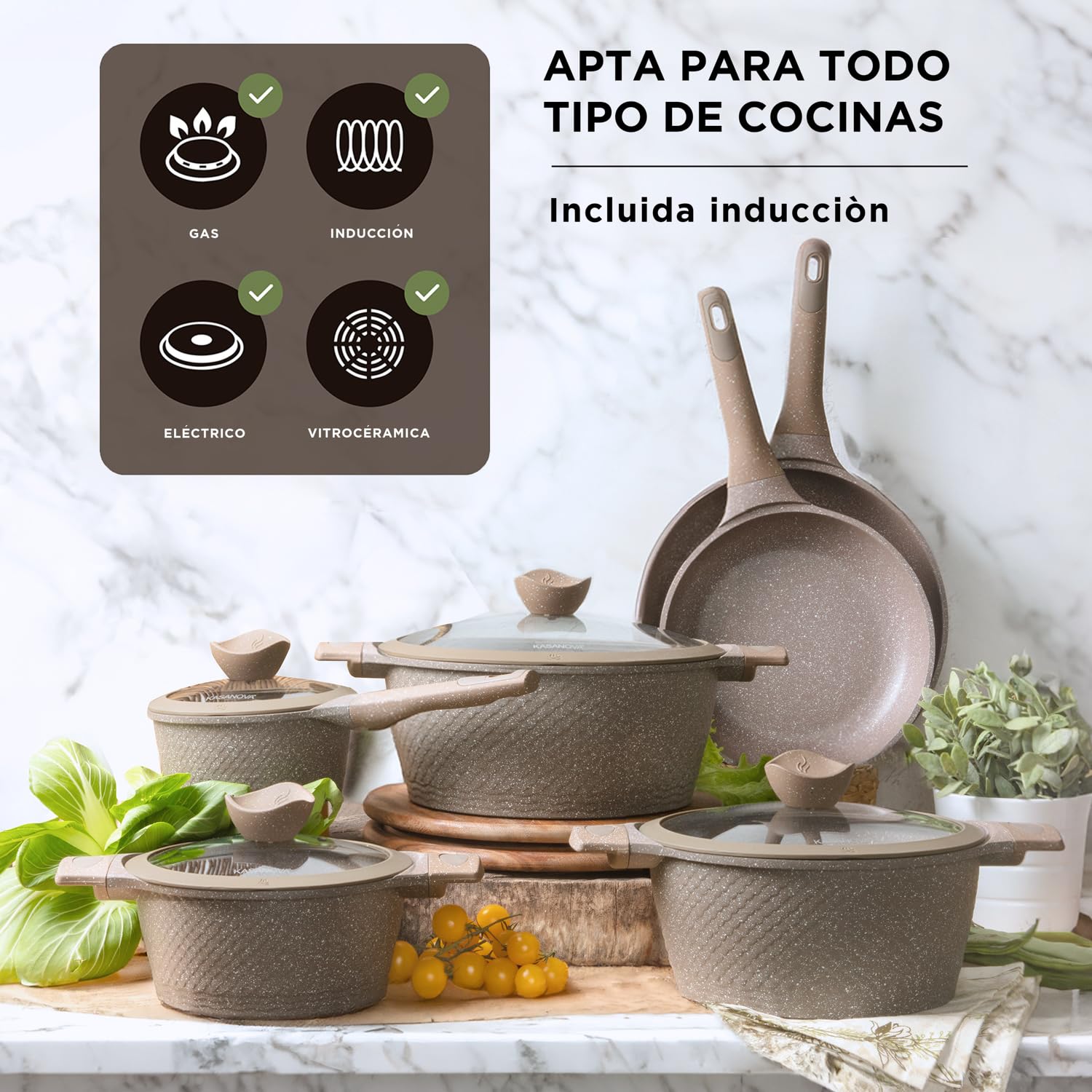 KASANOVA Juego de ollas antiadherente 0 Grasas, batería de cocina apta para inducción y todo tipo de fuegos, ollas y sartenes antiadherentes de 4 capas con diseño moderno (10 piezas)