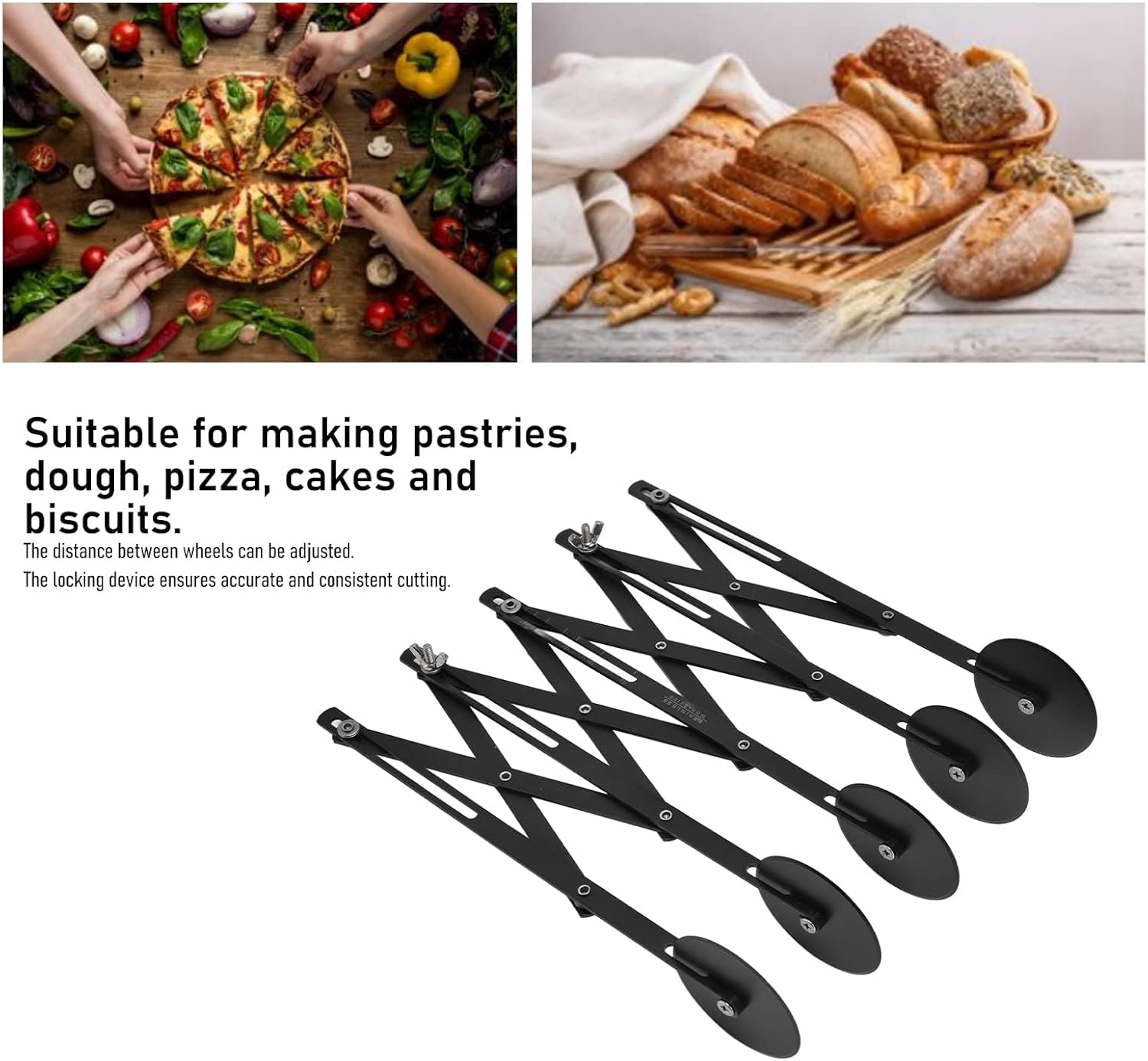 5 Wheel Pastry Cutter, Expandable Stainless Steel Pizza Slicer & Pasta Cutter, Adjustable Dough Roller Cutter for Baking Pastries Brownies and Pizza Kitchen Tool (Black)
