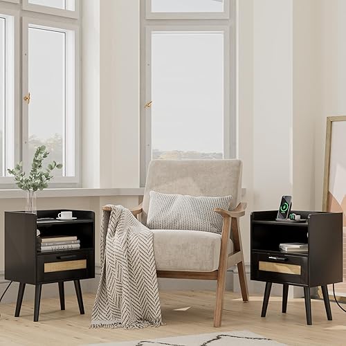 Miniatura 8 de Mesita de noche con estación de carga, mesita de noche bohemia, mesita de noche negra con cajones decorados de ratán, muebles de noche, mesa