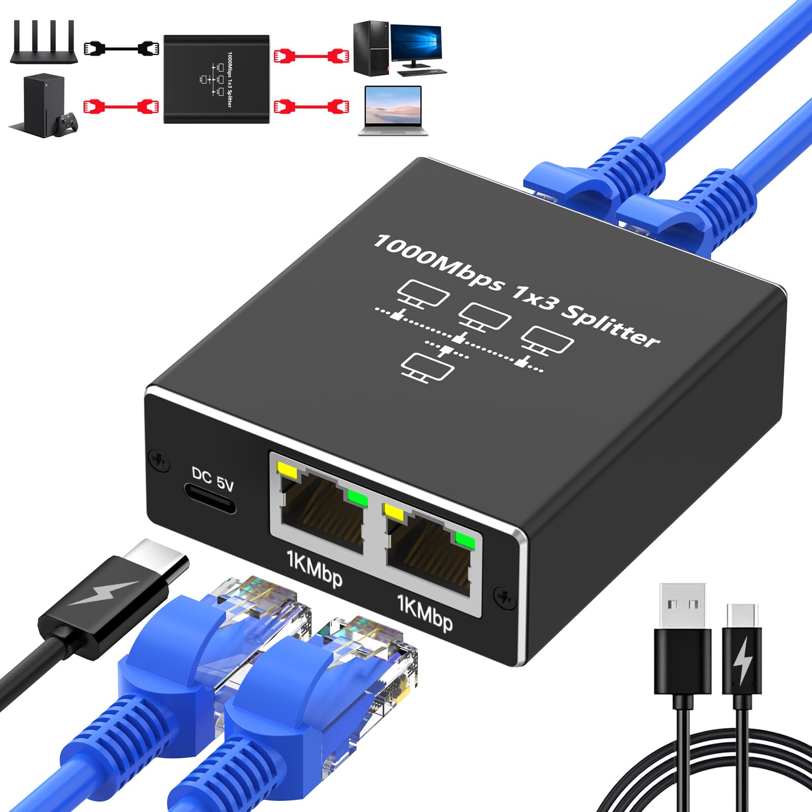 Ethernet Splitter 1 to 3, Gigabit Ethernet Switch, 1000Mbps RJ45 LAN Internet Splitter with USB-C Power Cable for Computer, Hub, Switch, Router, ADSL, Digital TV, etc Working Simultaneously