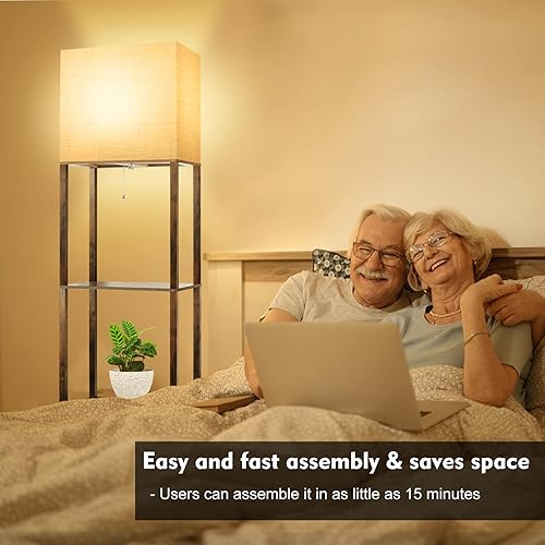Miniatura 7 de RUNTOP Lámpara de pie Plus con estantes, moderna lámpara de pie con bombilla LED 3CCT de 15 W y función de memoria, lámpara de estante ancho para