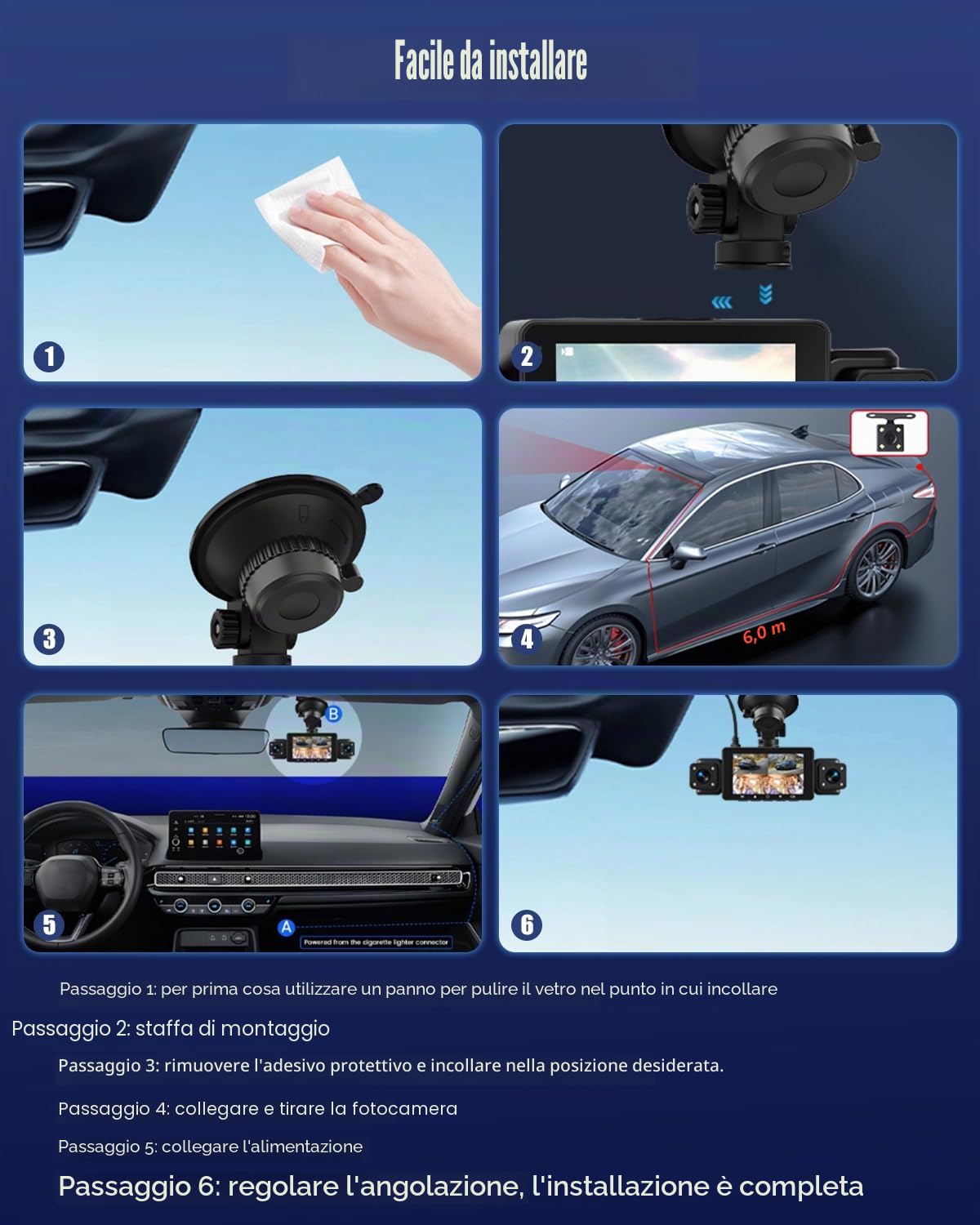 Dashcam Auto a 4 Canali Anteriore e Posteriore 1080P, Dash cam Auto WiFi con Scheda SD da 64GB, Schermo IPS da 3", Grandangolo, Visione Notturna IR 8, Sensore G, Dashcam Auto con Registrazione in Loop